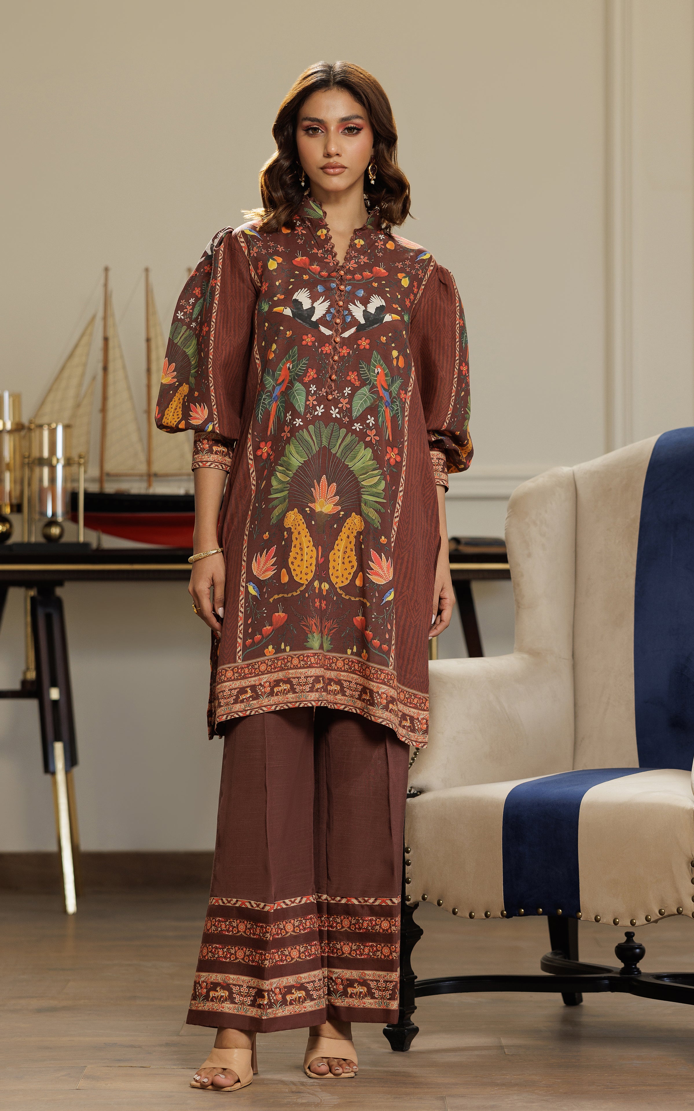 Chocolate Brown Printed Viscose Silk Salwar Kameez (2-Piece) - Image 2
