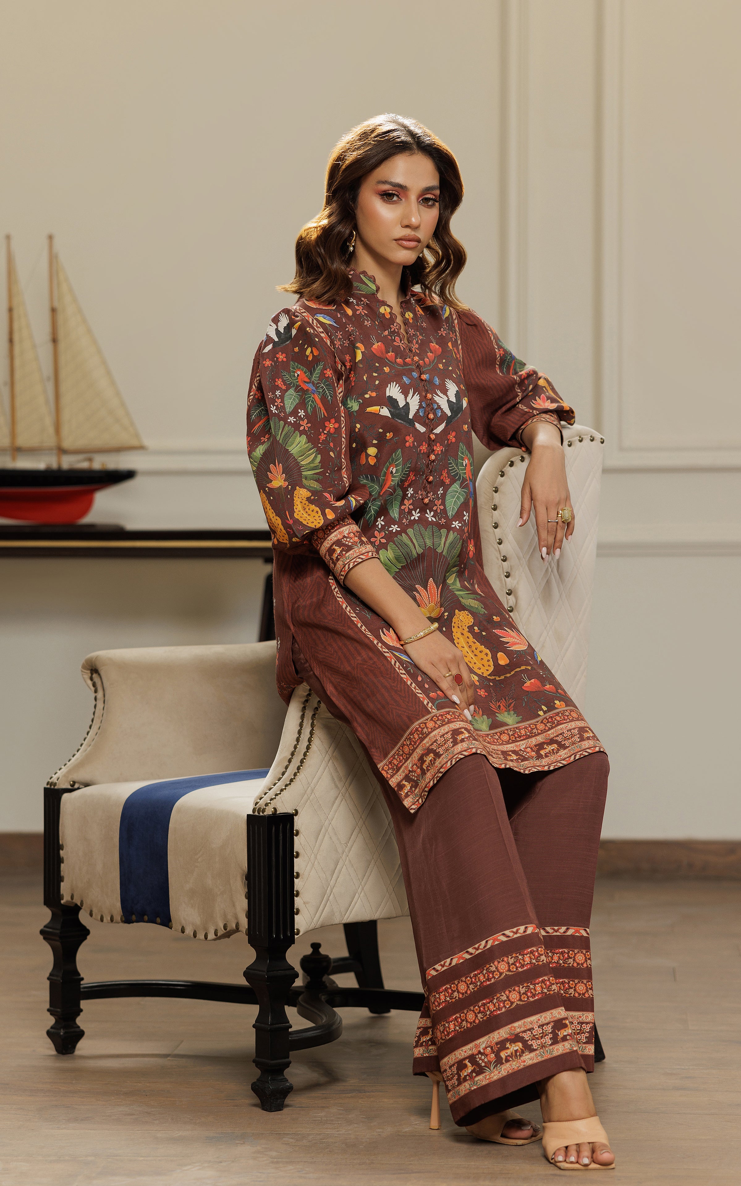Chocolate Brown Printed Viscose Silk Salwar Kameez (2-Piece) - Image 3