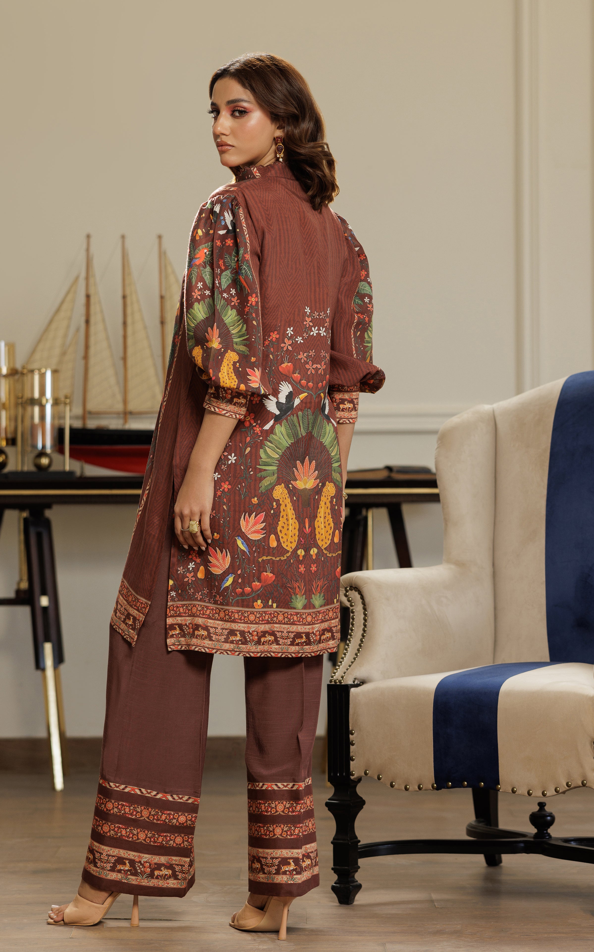 Chocolate Brown Printed Viscose Silk Salwar Kameez (2-Piece) - Image 4