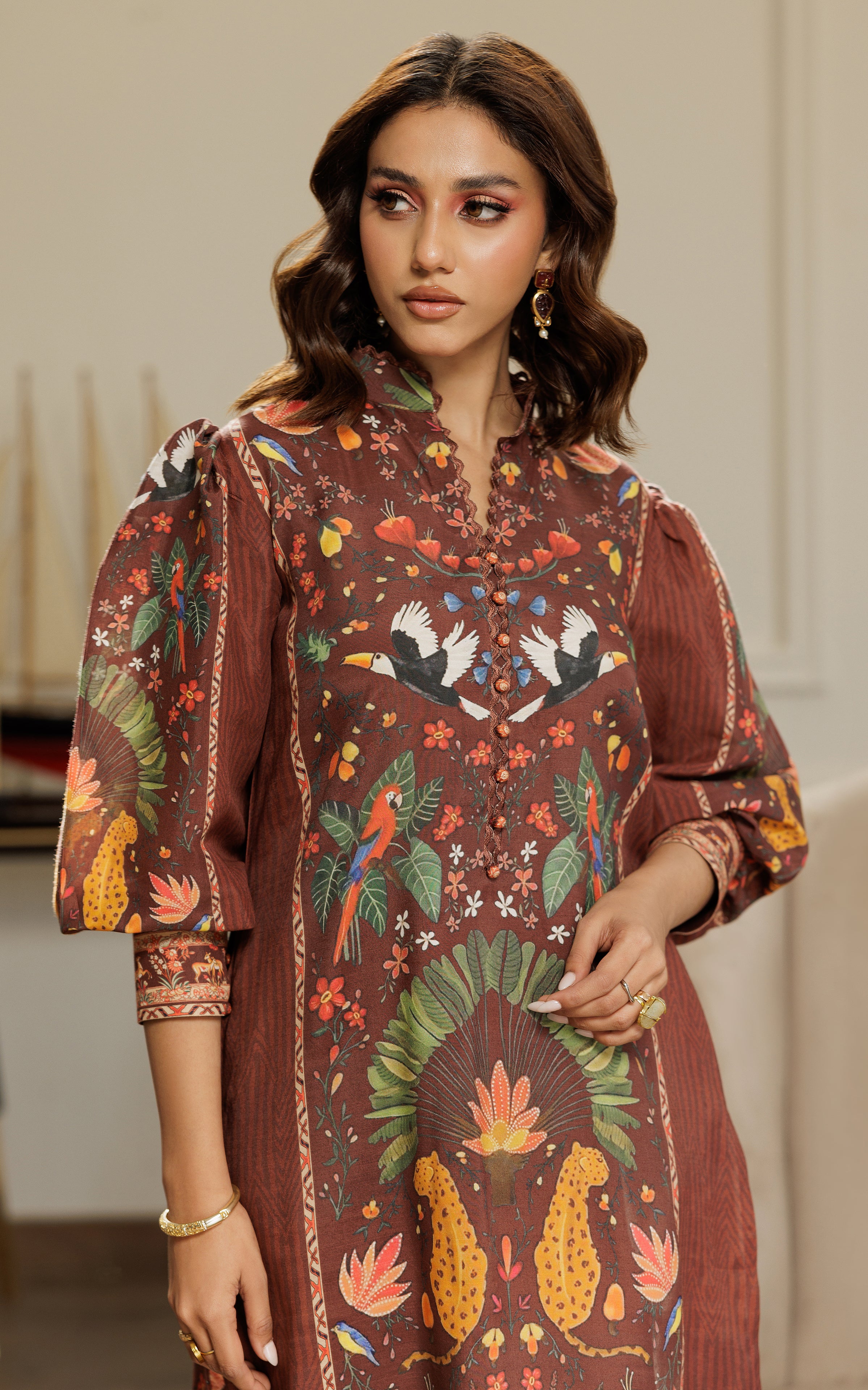 Chocolate Brown Printed Viscose Silk Salwar Kameez (2-Piece) - Image 5