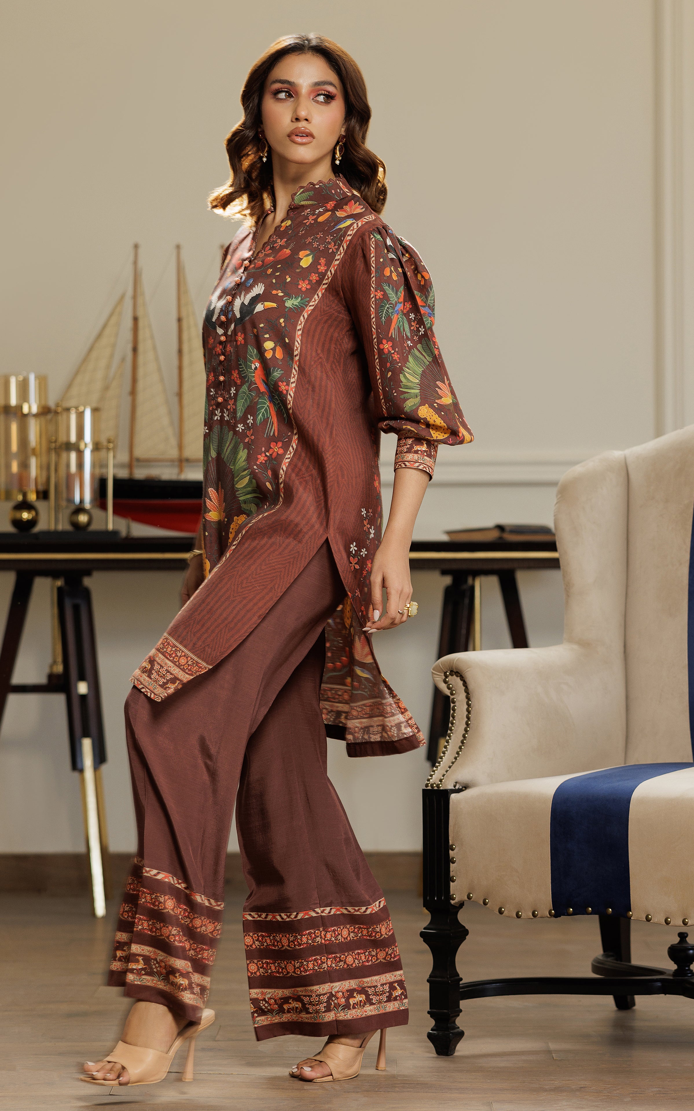 Chocolate Brown Printed Viscose Silk Salwar Kameez (2-Piece) - Image 6