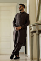 Dark Brown Threadwork Boski Linen Kurta Shalwar (2-Piece) - Image 2