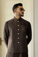 Dark Brown Threadwork Boski Linen Kurta Shalwar (2-Piece) - Image 3