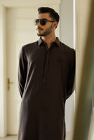 Dark Brown Threadwork Boski Linen Kurta Shalwar (2-Piece) - Image 4