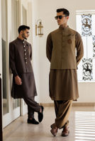 Dark Brown Threadwork Boski Linen Kurta Shalwar (2-Piece) - Image 5