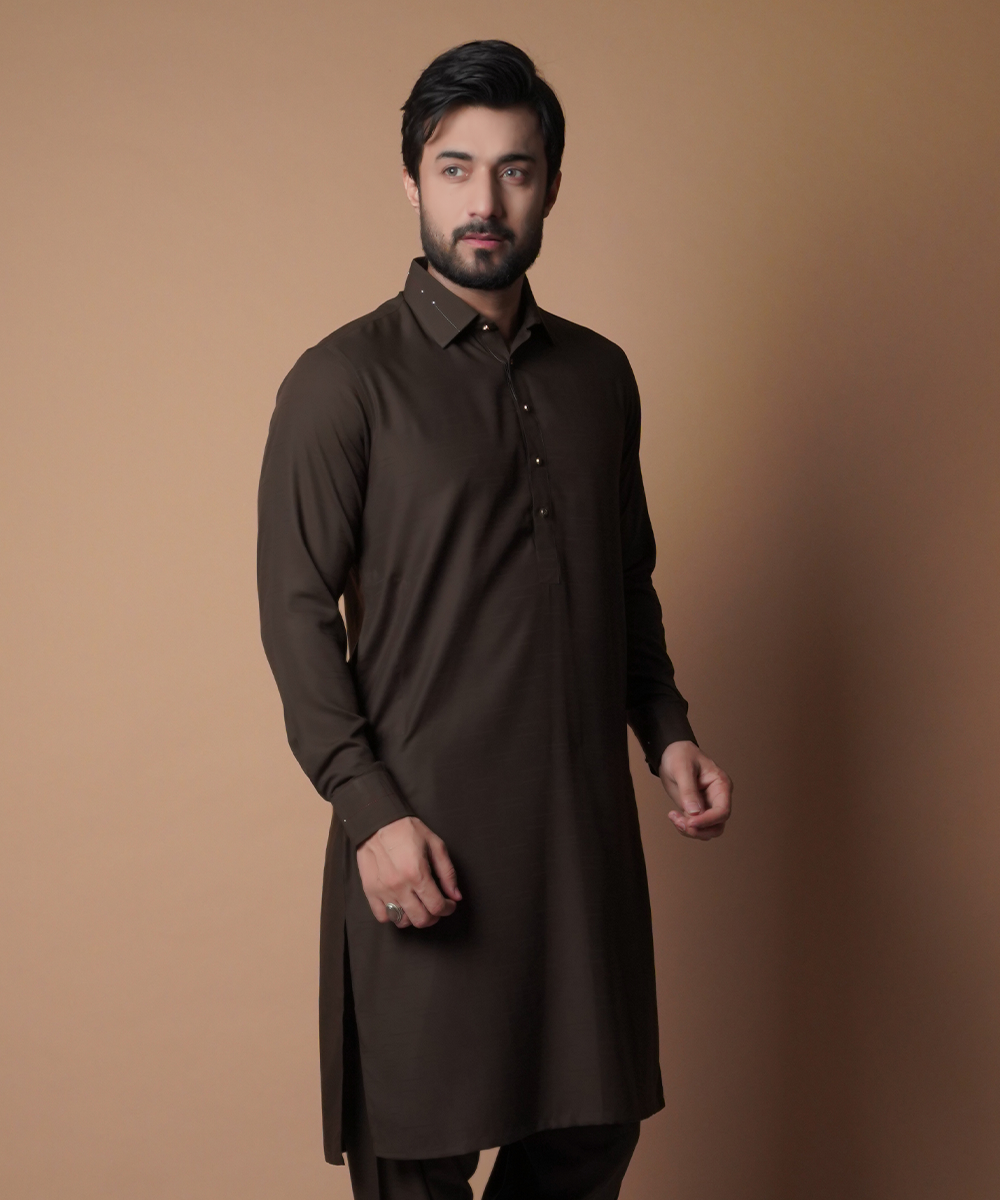 Deep Brown Embroidered Soft Cotton Shalwar Kameez (2-Piece) - Image 1