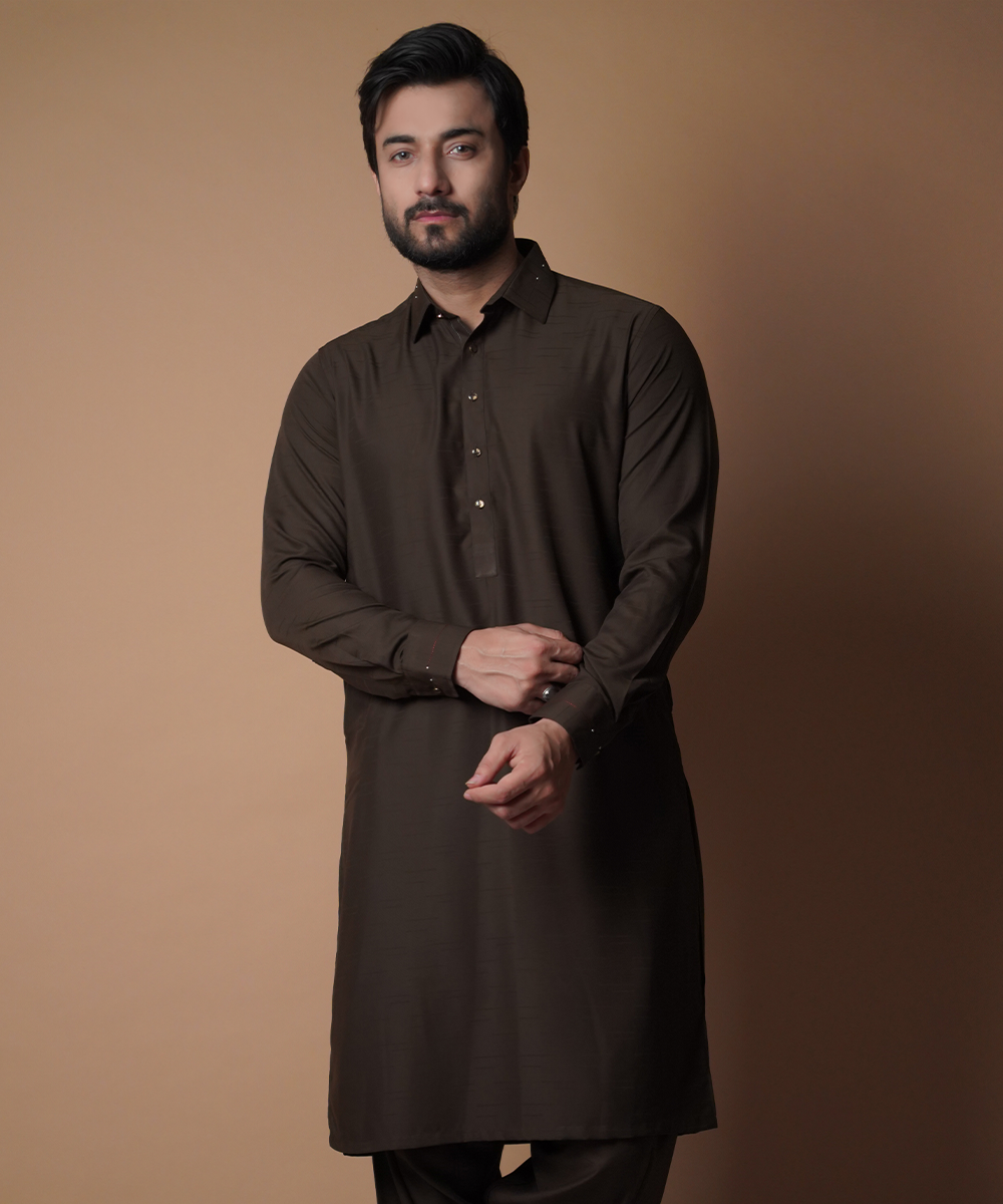 Deep Brown Embroidered Soft Cotton Shalwar Kameez (2-Piece) - Image 2