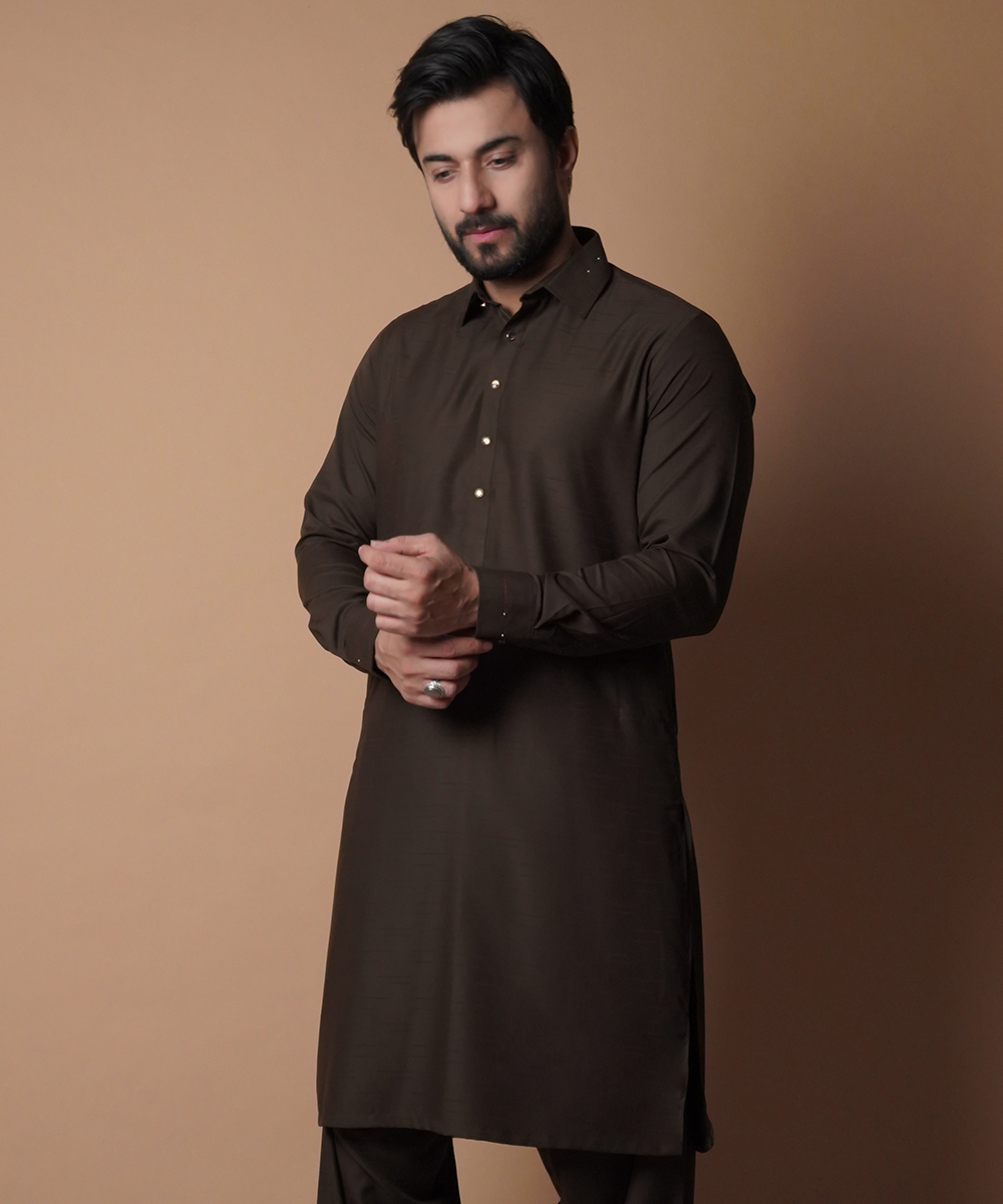 Deep Brown Embroidered Soft Cotton Shalwar Kameez (2-Piece) - Image 5