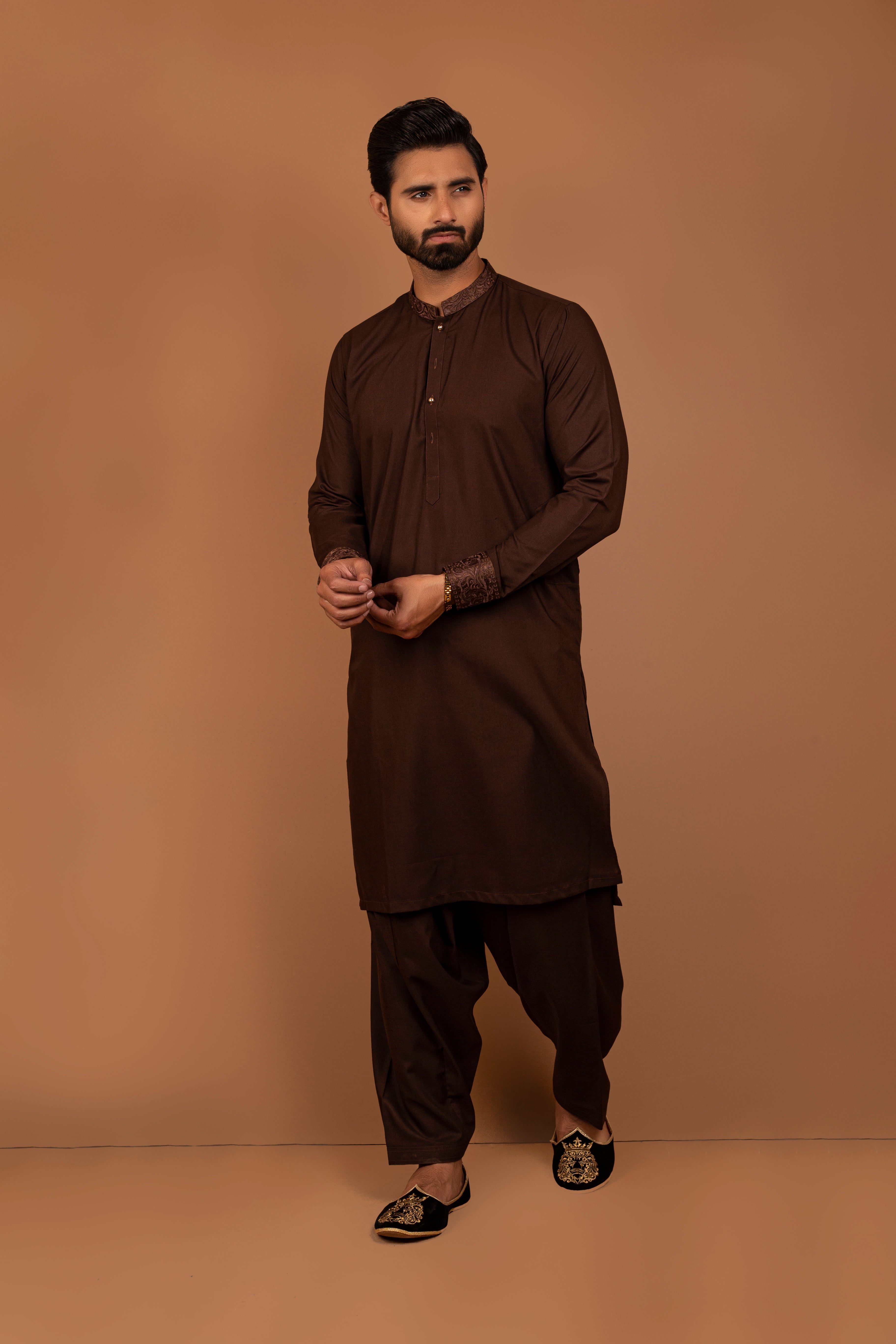Deep Chocolate Brown Embroidered Cotton Kurta Pajama (2-Piece) - Image 1