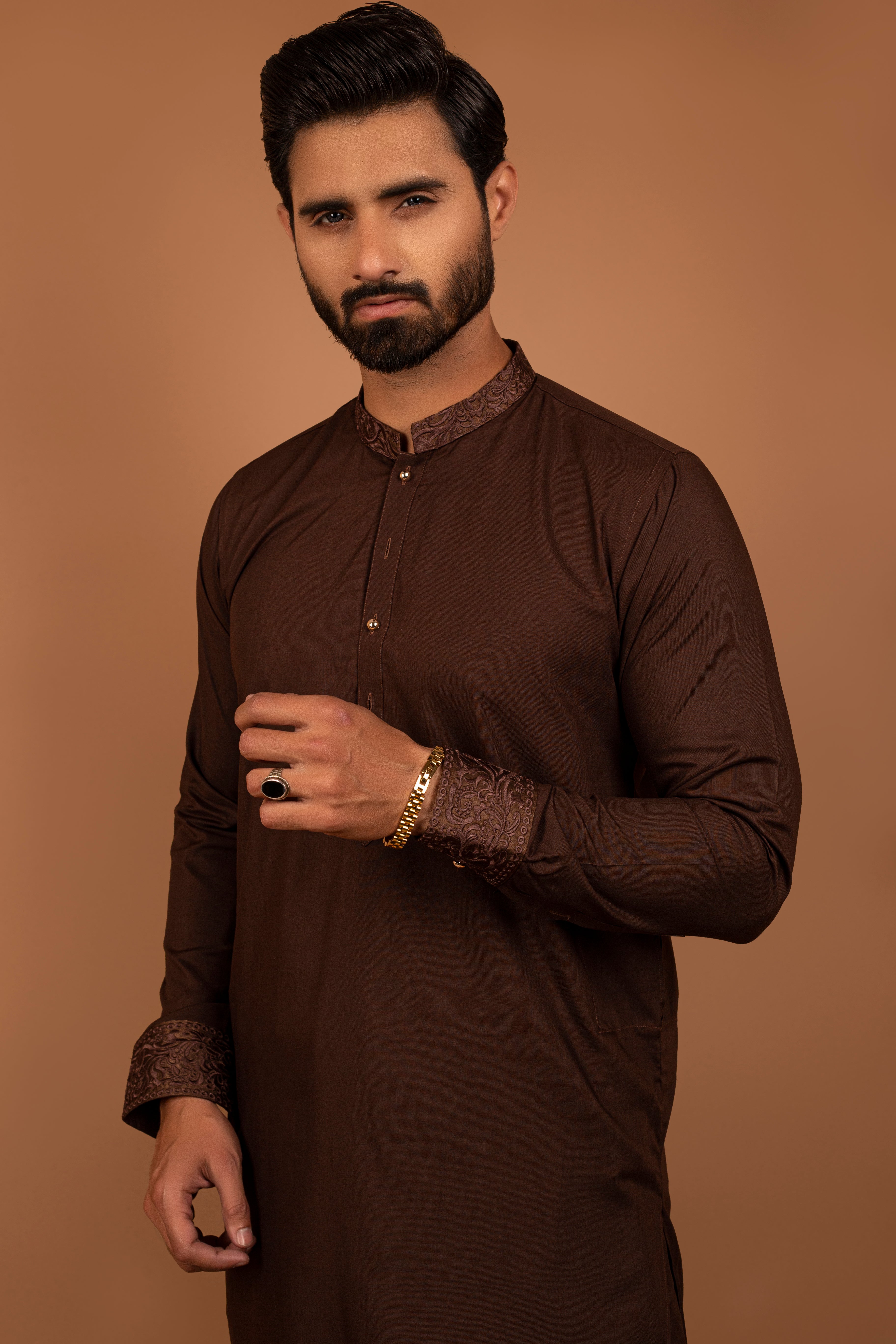 Deep Chocolate Brown Embroidered Cotton Kurta Pajama (2-Piece) - Image 2