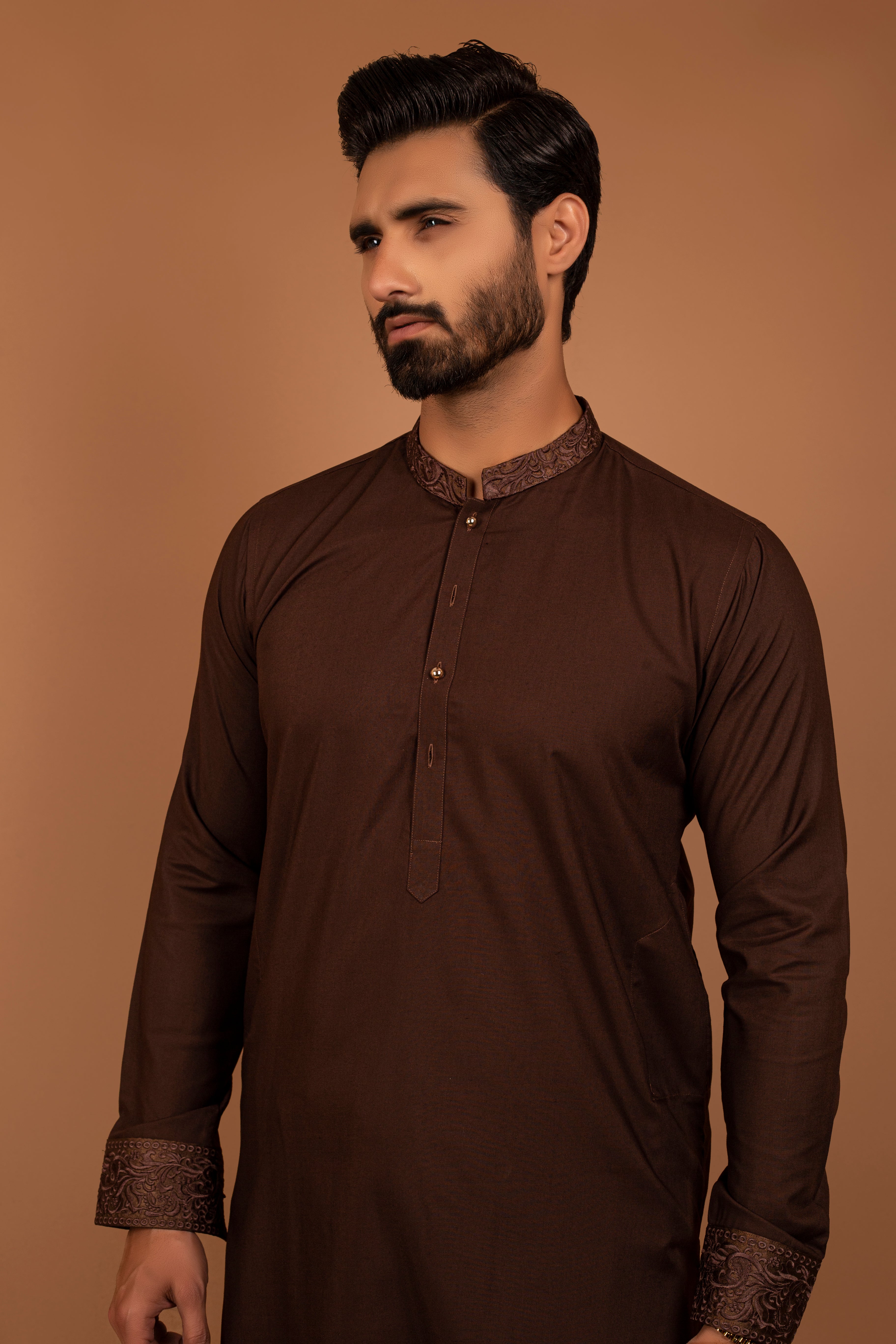 Deep Chocolate Brown Embroidered Cotton Kurta Pajama (2-Piece) - Image 3