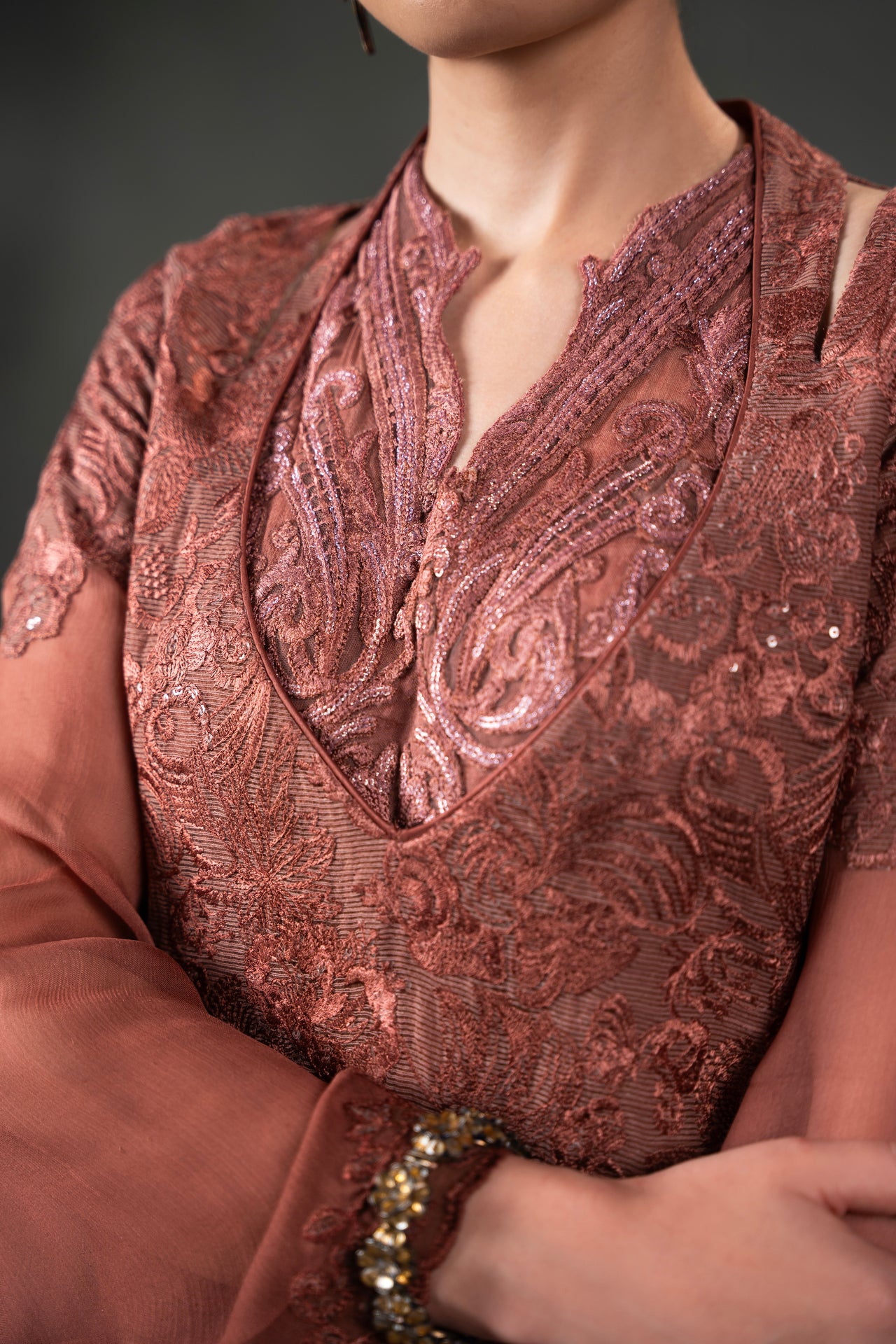 Pakistani Rust Embroidered Net Sharara Set (3-Piece) - Image 3