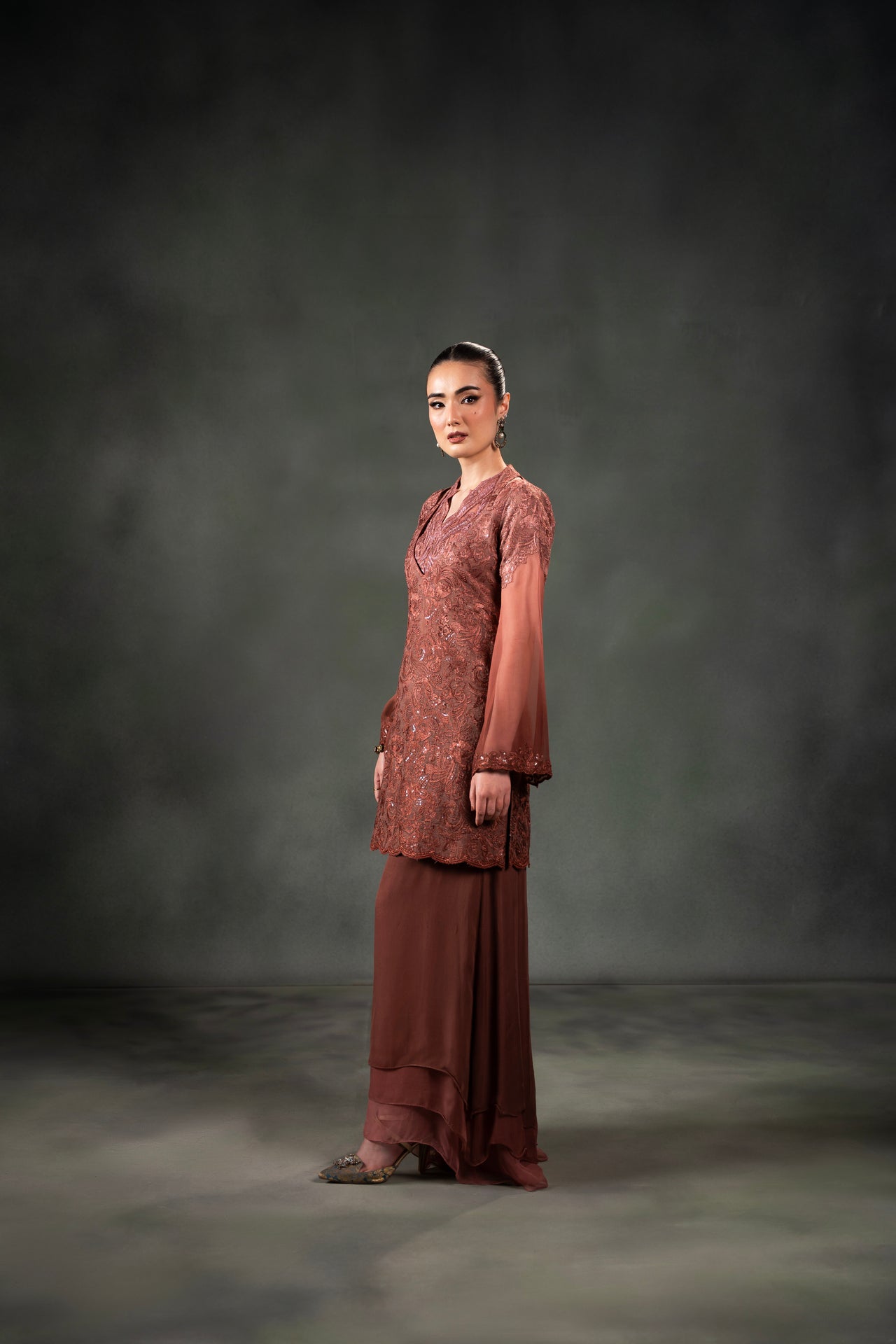 Pakistani Rust Embroidered Net Sharara Set (3-Piece) - Image 4