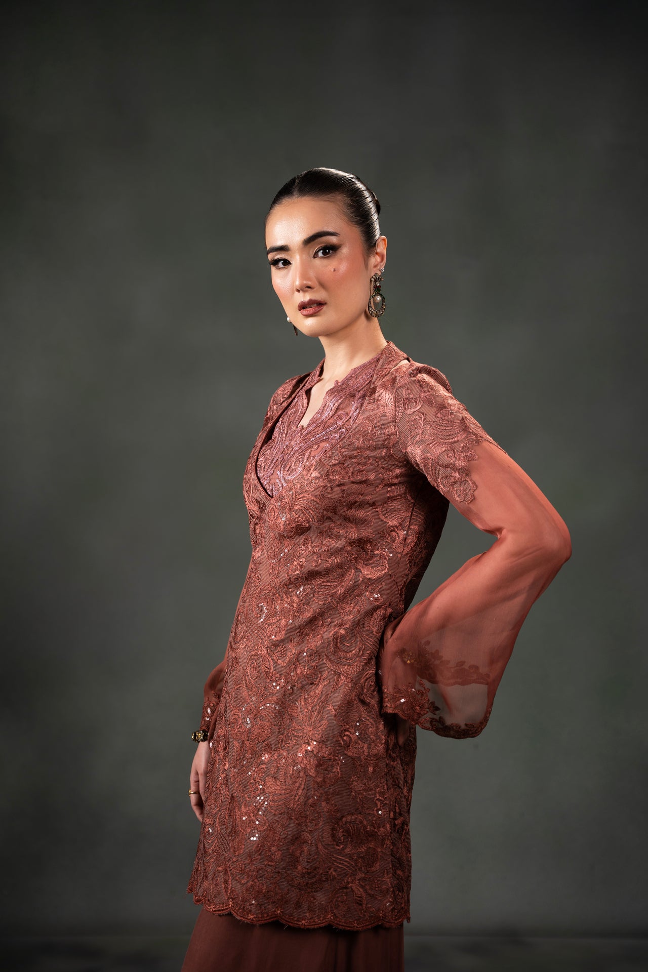 Pakistani Rust Embroidered Net Sharara Set (3-Piece) - Image 5