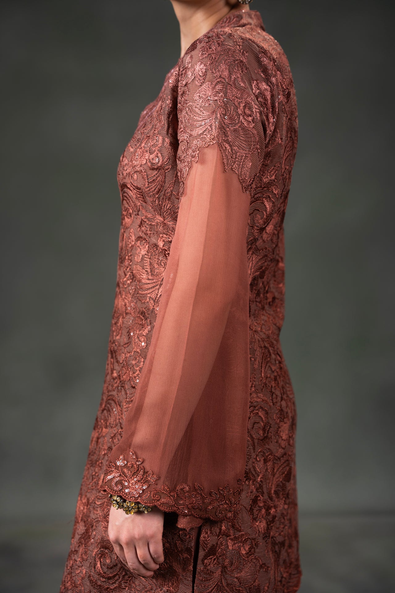 Pakistani Rust Embroidered Net Sharara Set (3-Piece) - Image 8