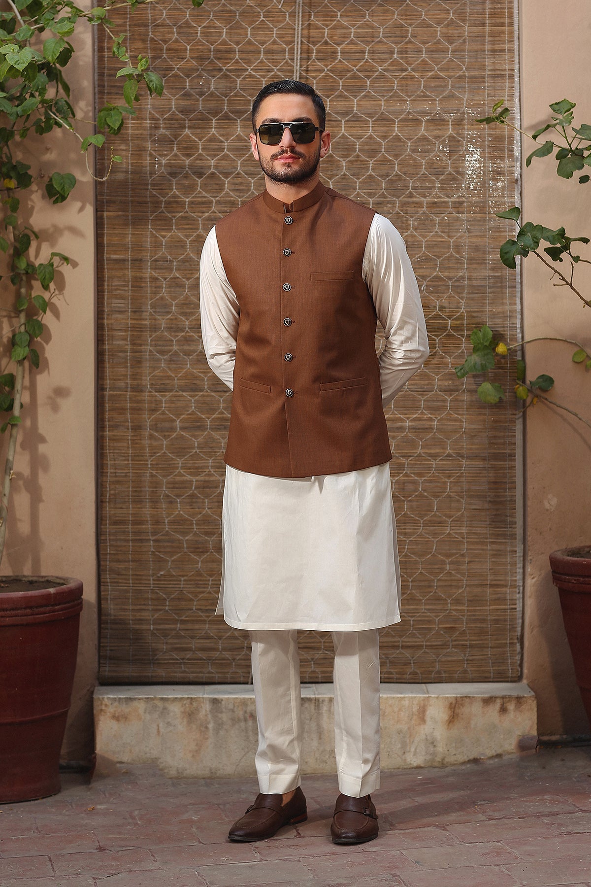 Brown Chamric Mandarin Collar Waistcoat (3-Piece) - Image 1