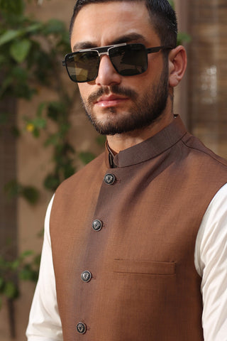 Brown Chamric Mandarin Collar Waistcoat (3-Piece) - Image 3