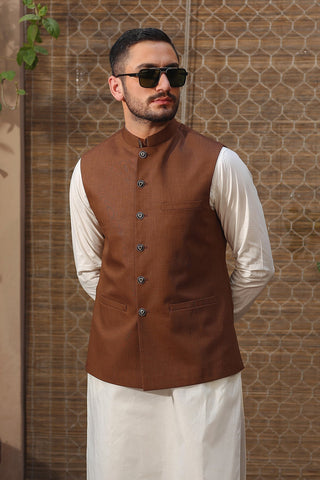 Brown Chamric Mandarin Collar Waistcoat (3-Piece) - Image 4