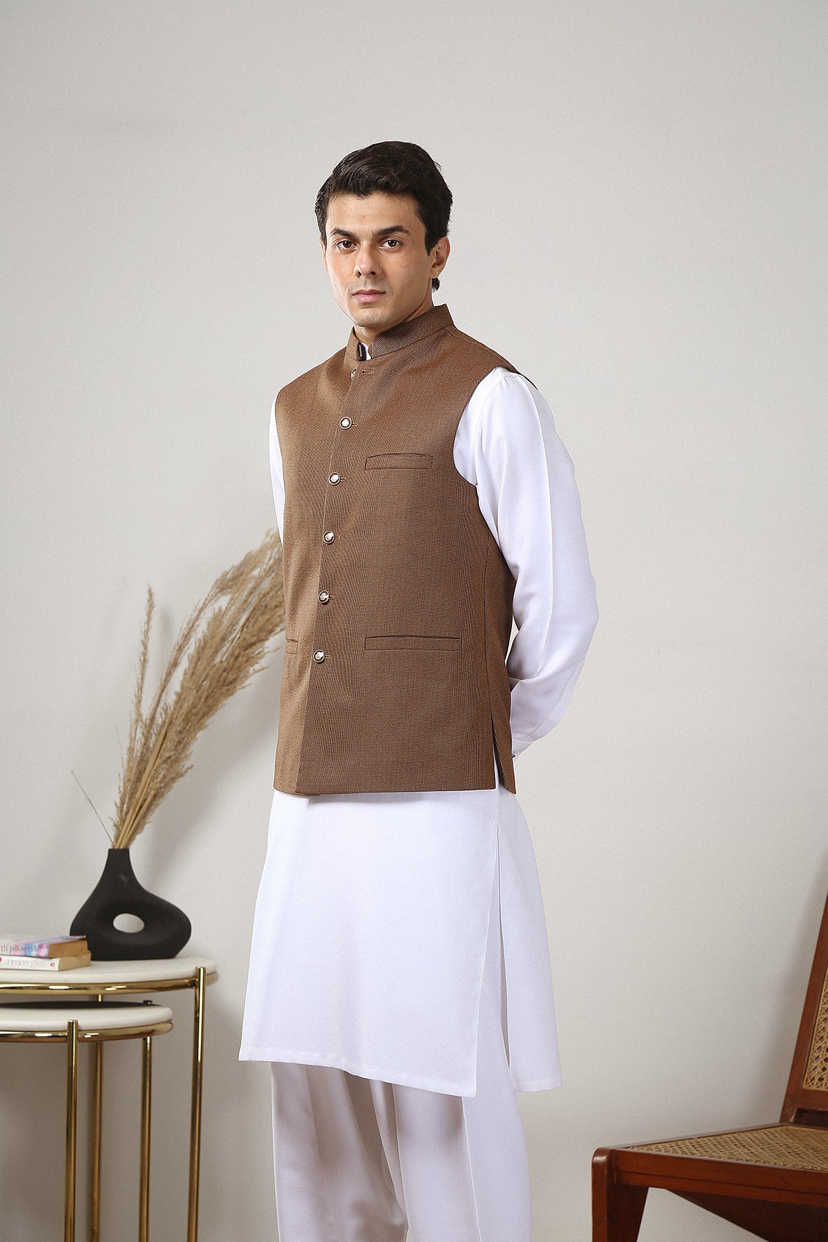 Golden Brown Dobby Fabric Waistcoat (1-Pc) - Image 1