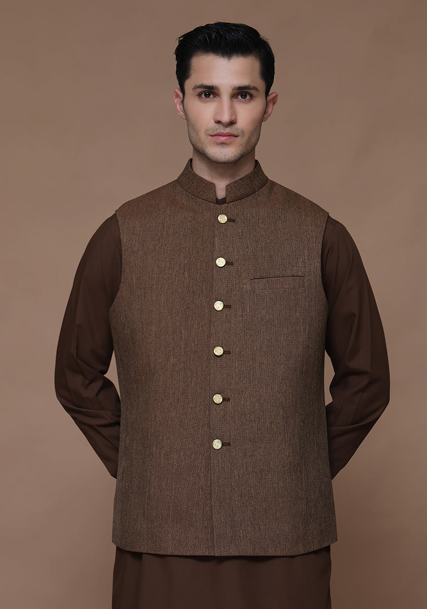 Brown Jute Blend Waistcoat (1-Pc) - Image 1