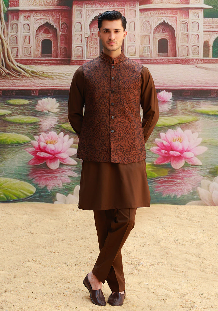 Caramel Brown Jacquard Karandi Jamawar Waistcoat (2-Piece) - Image 1