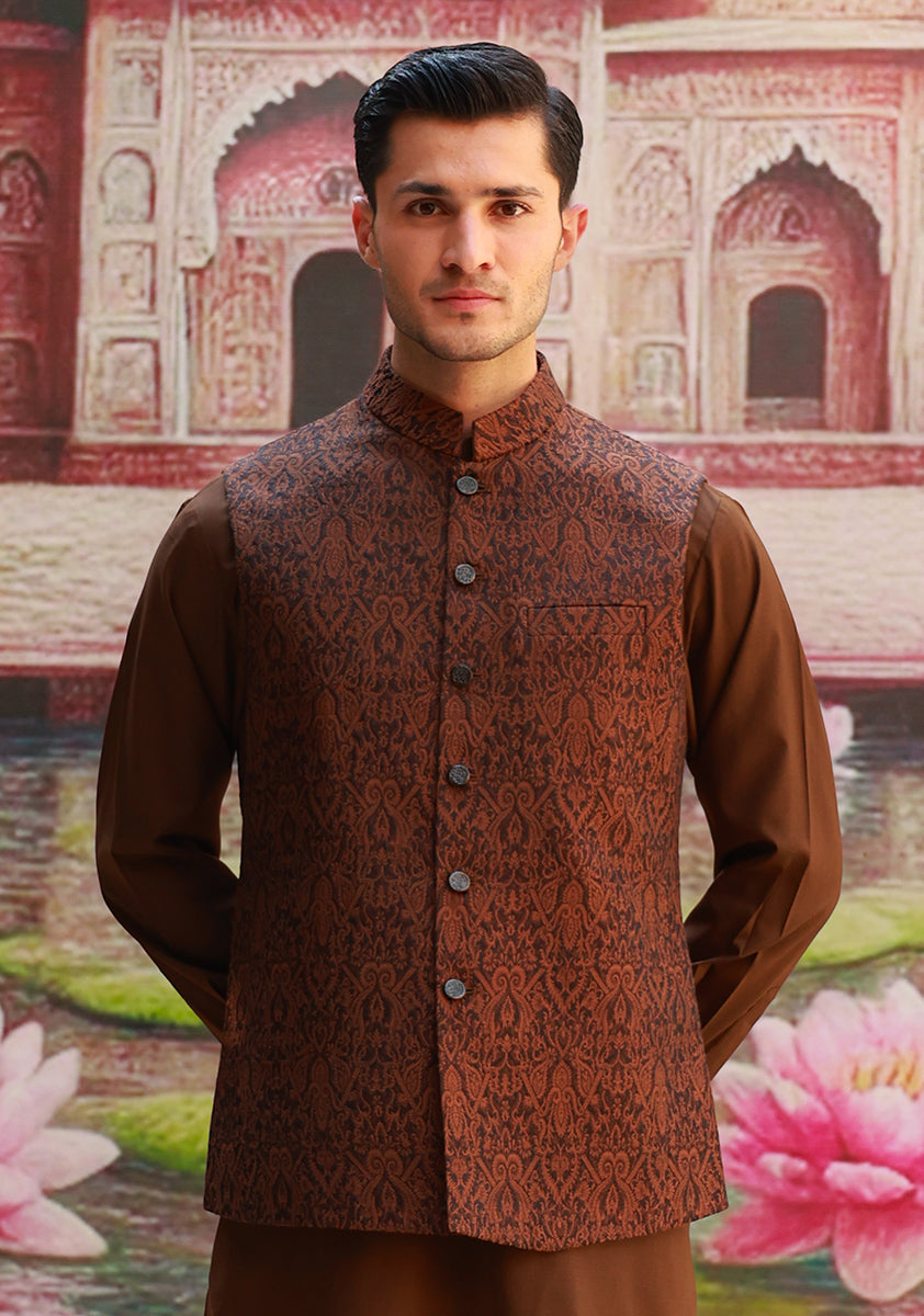 Caramel Brown Jacquard Karandi Jamawar Waistcoat (2-Piece) - Image 2
