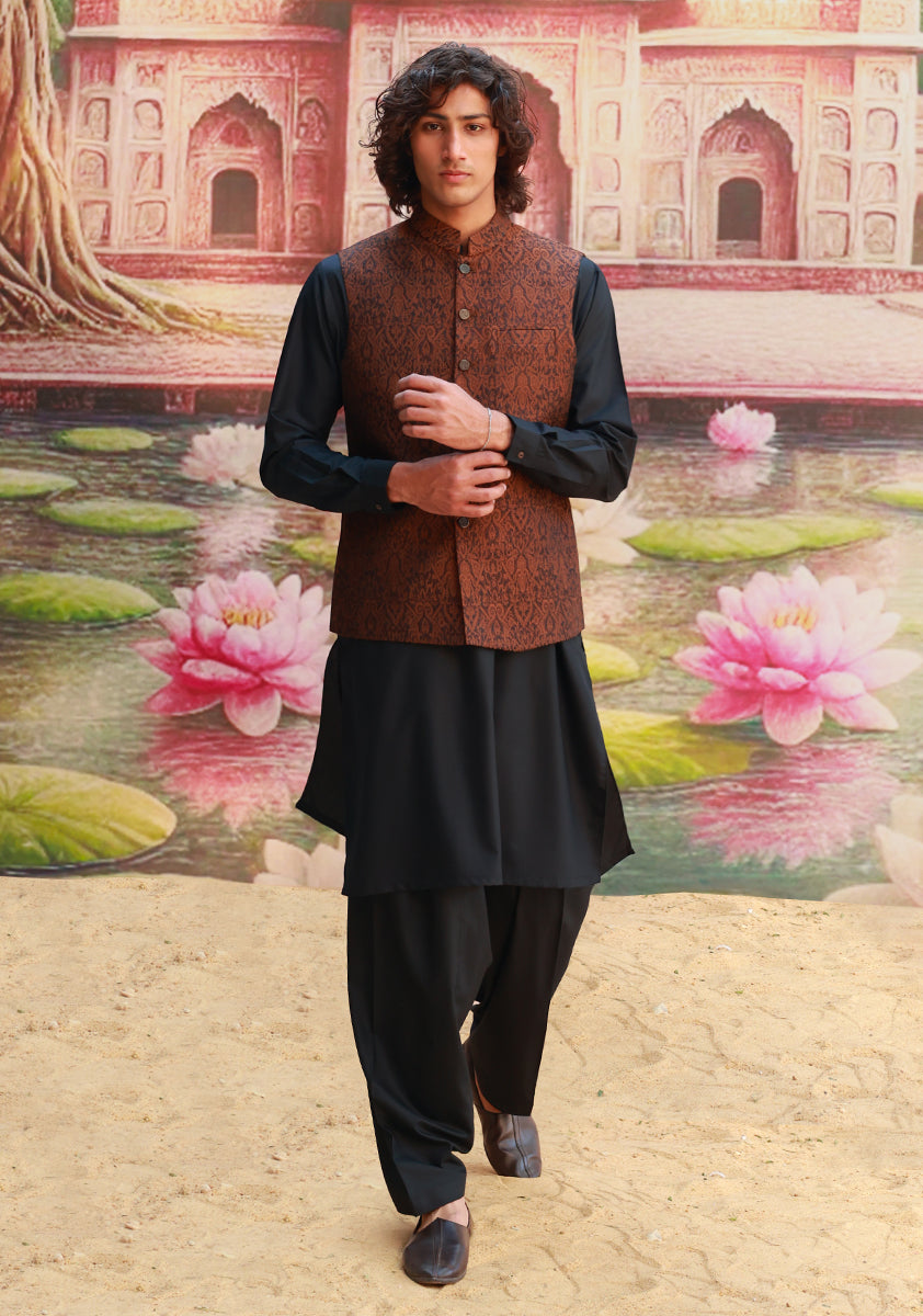 Caramel Brown Jacquard Karandi Jamawar Waistcoat (2-Piece) - Image 4