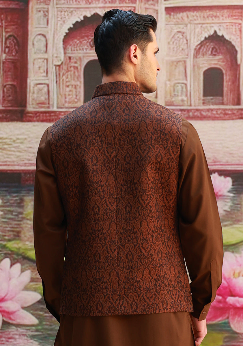 Caramel Brown Jacquard Karandi Jamawar Waistcoat (2-Piece) - Image 6