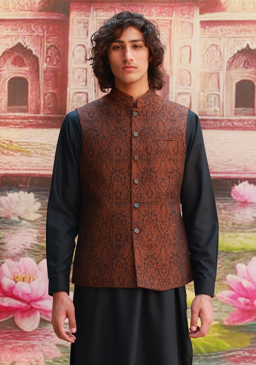 Caramel Brown Jacquard Karandi Jamawar Waistcoat (2-Piece) - Image 7