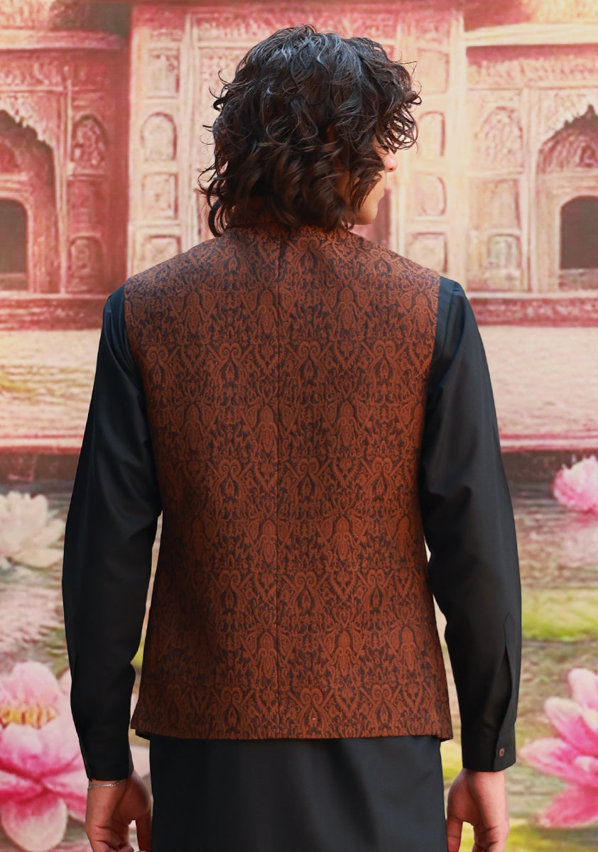 Caramel Brown Jacquard Karandi Jamawar Waistcoat (2-Piece) - Image 8