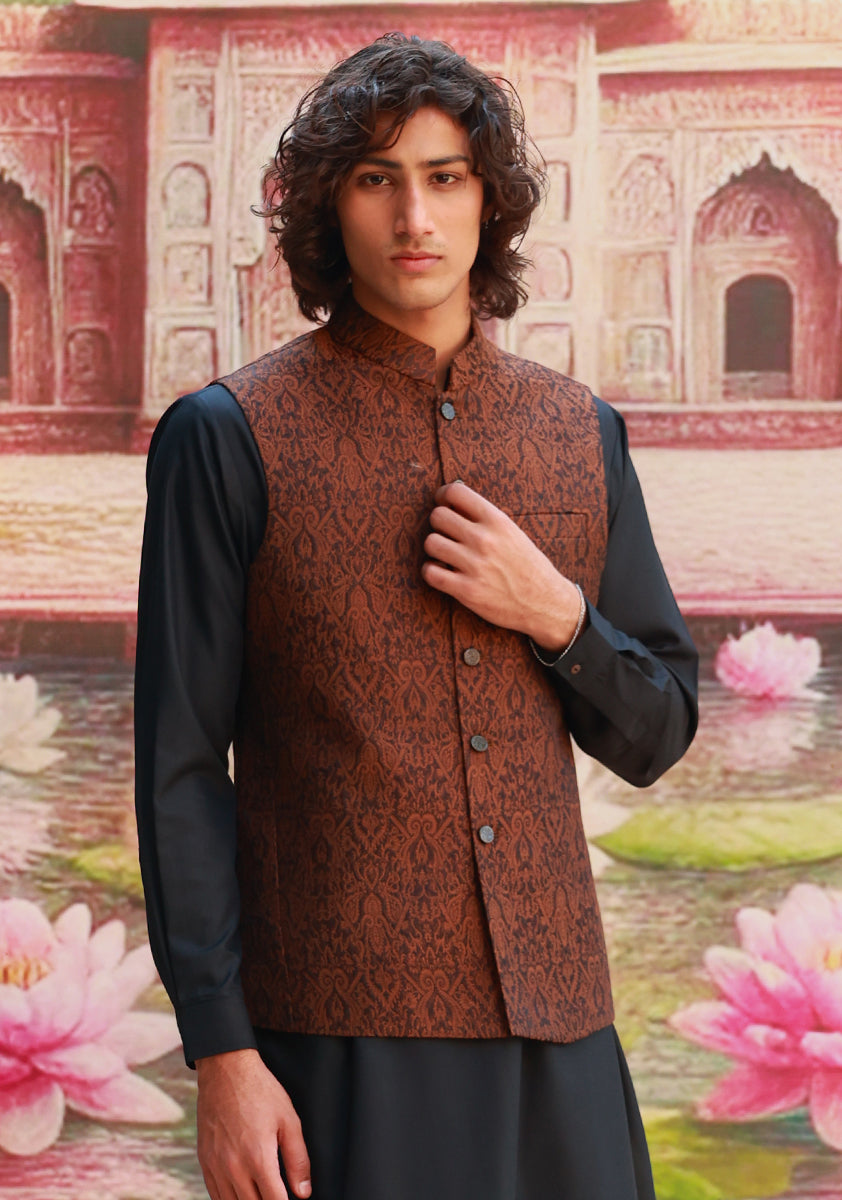 Caramel Brown Jacquard Karandi Jamawar Waistcoat (2-Piece) - Image 9