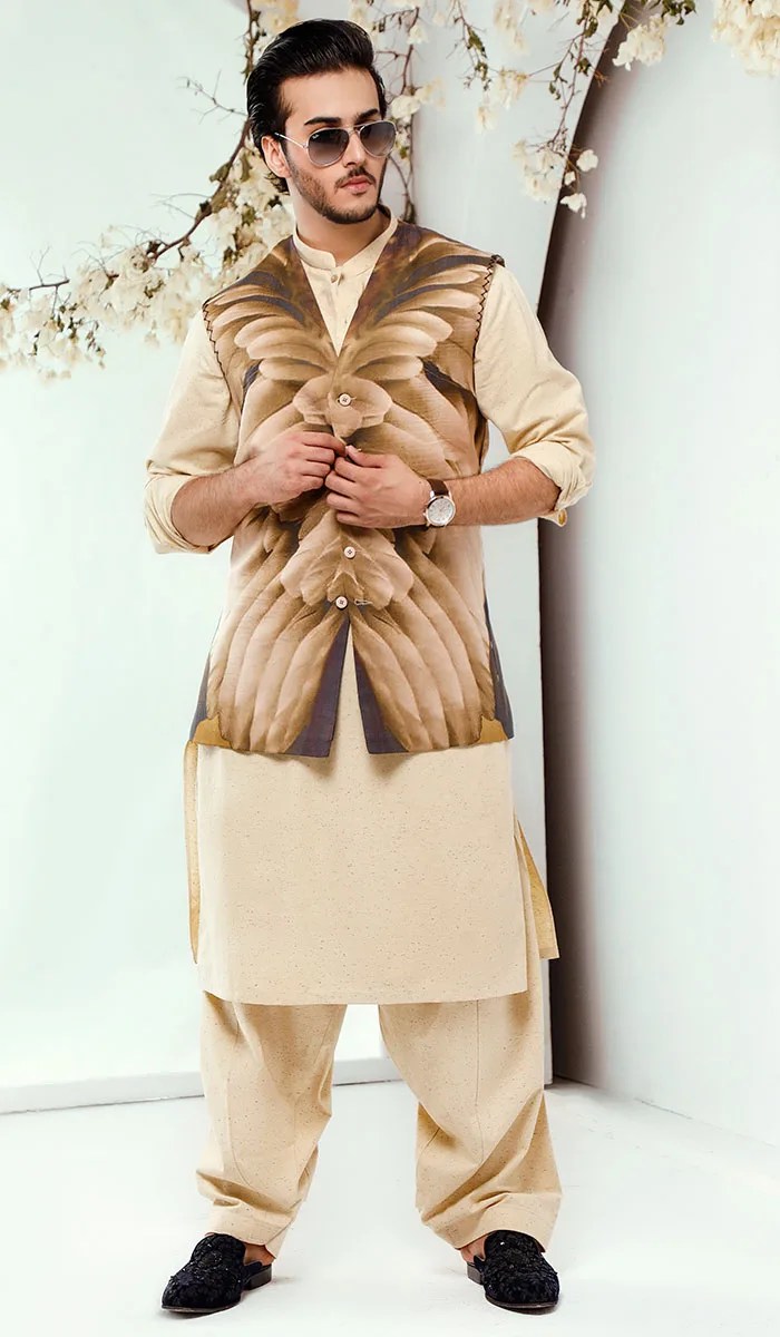 Golden Brown Printed Blended Cotton Waistcoat Kurta (3-Piece) - Image 1