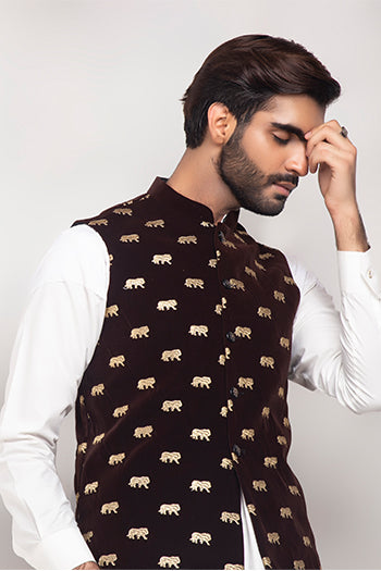 Brown Embroidered Blended Cotton Waistcoat (3-Piece) - Image 1