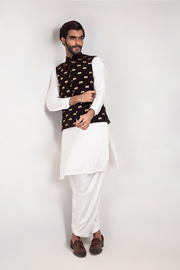 Brown Embroidered Blended Cotton Waistcoat (3-Piece) - Image 2