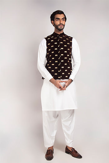 Brown Embroidered Blended Cotton Waistcoat (3-Piece) - Image 3