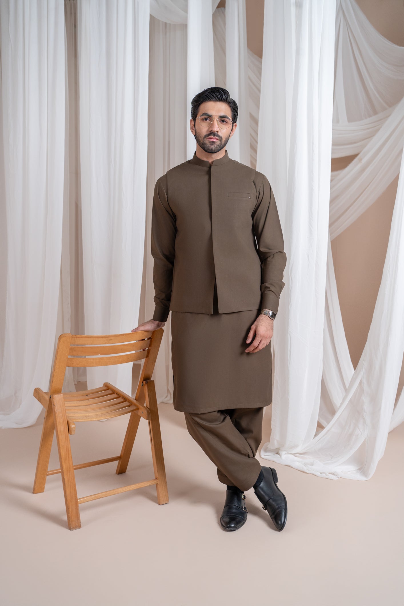 Light Brown Blended Straight-Cut Waistcoat Kurta (3-Piece) - Image 1