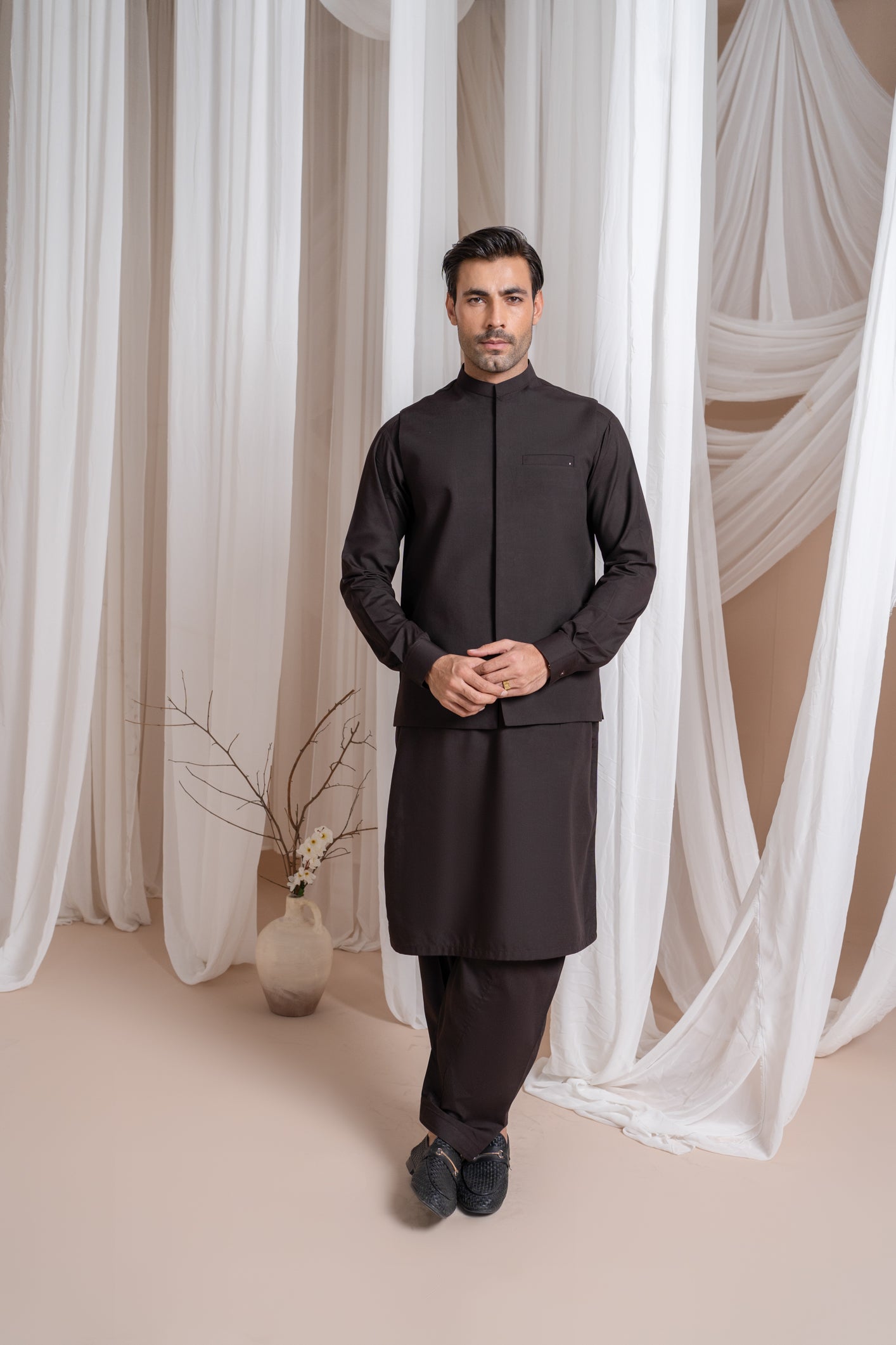 Dark Brown Luxury Blended Waistcoat Kurta (3-Piece) - Image 1