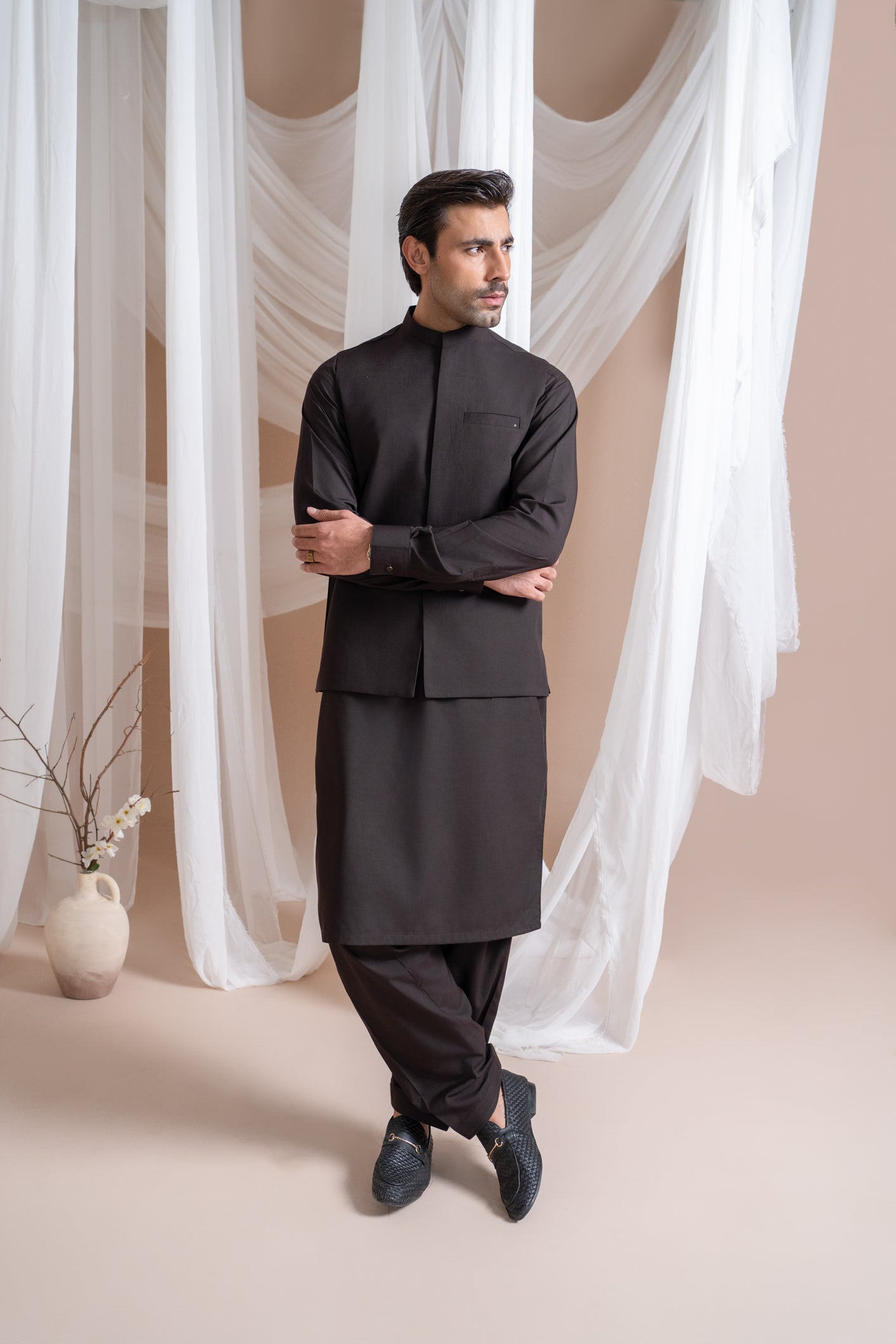 Dark Brown Luxury Blended Waistcoat Kurta (3-Piece) - Image 2