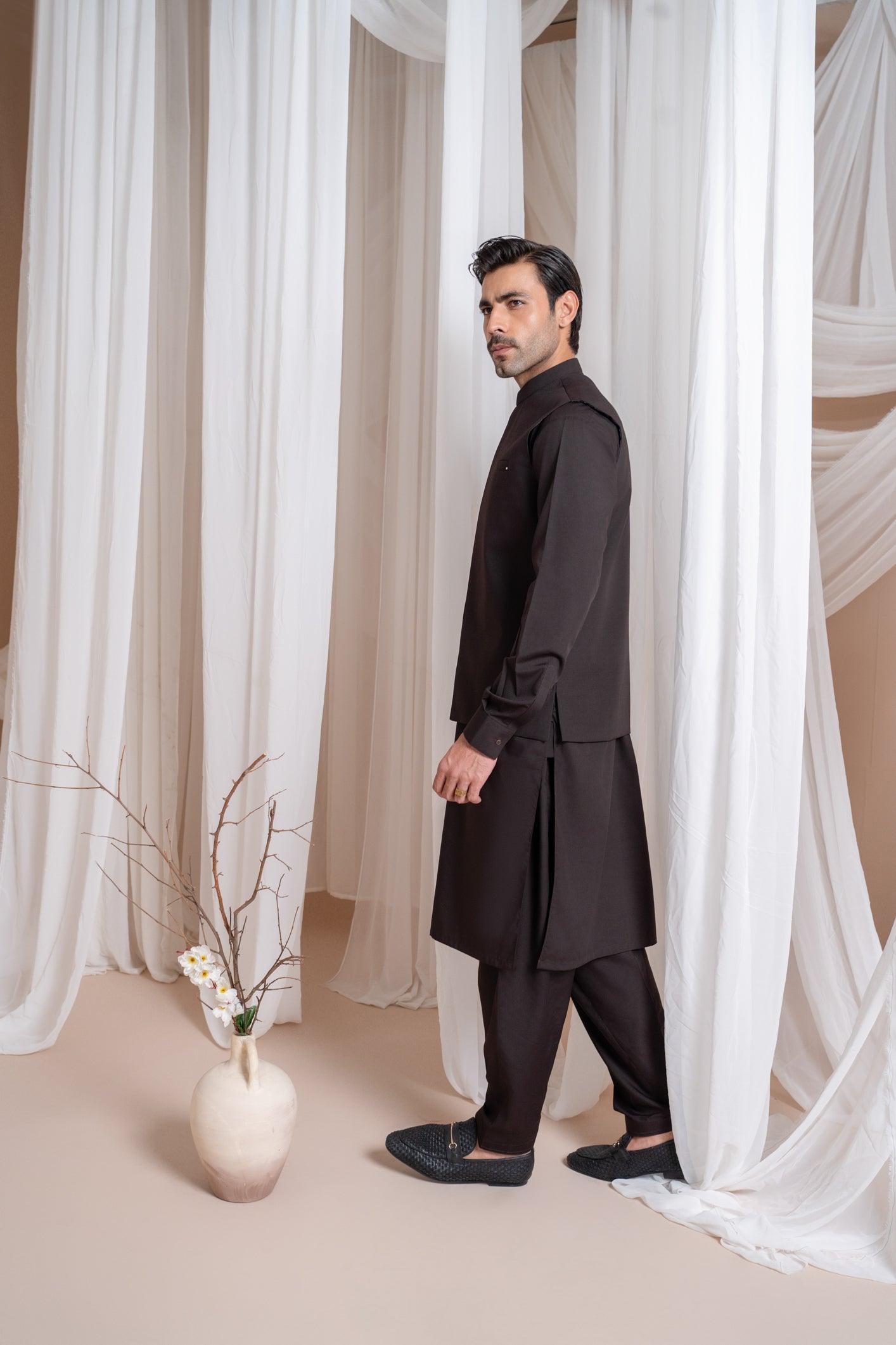 Dark Brown Luxury Blended Waistcoat Kurta (3-Piece) - Image 3