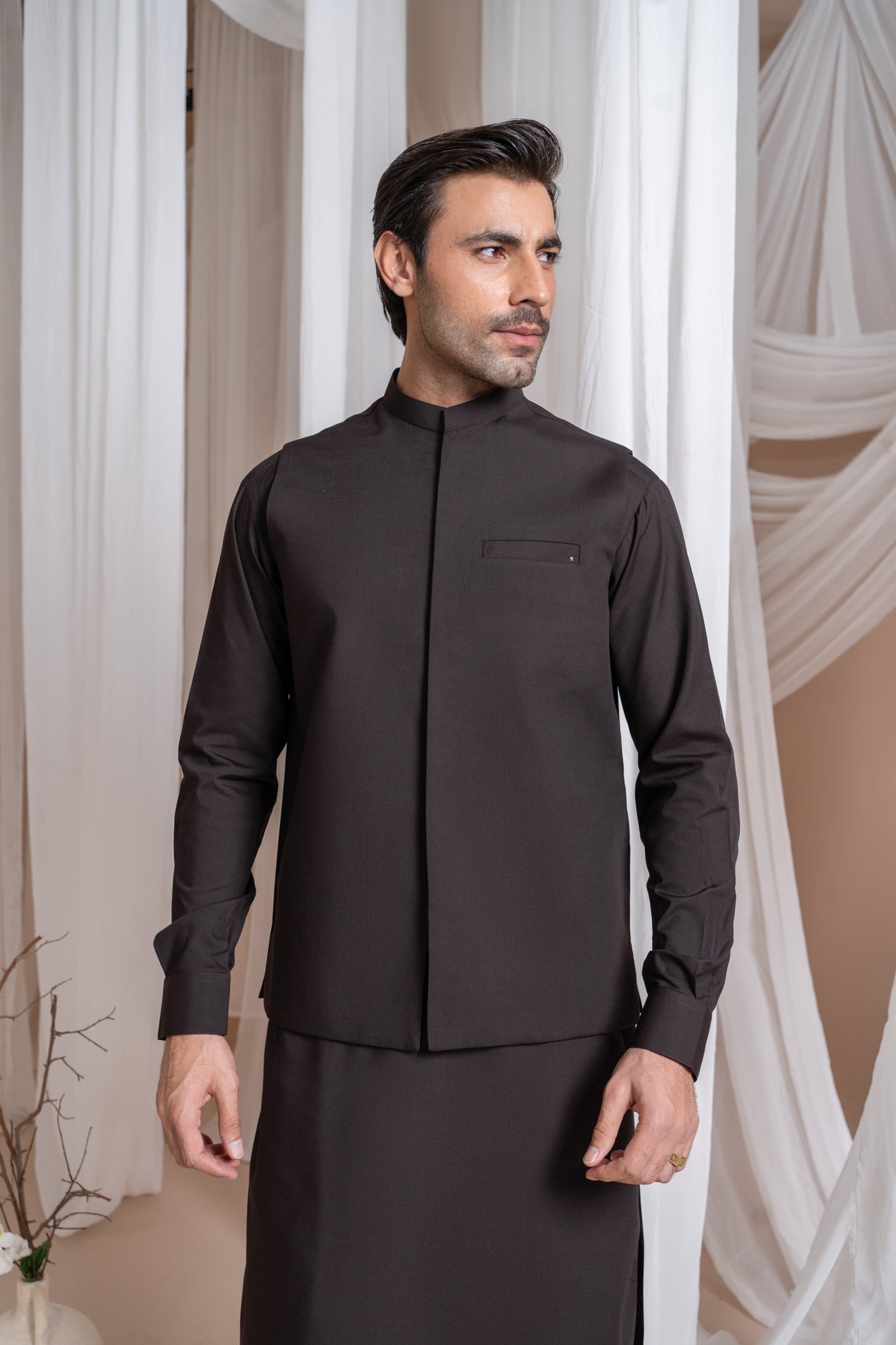 Dark Brown Luxury Blended Waistcoat Kurta (3-Piece) - Image 4