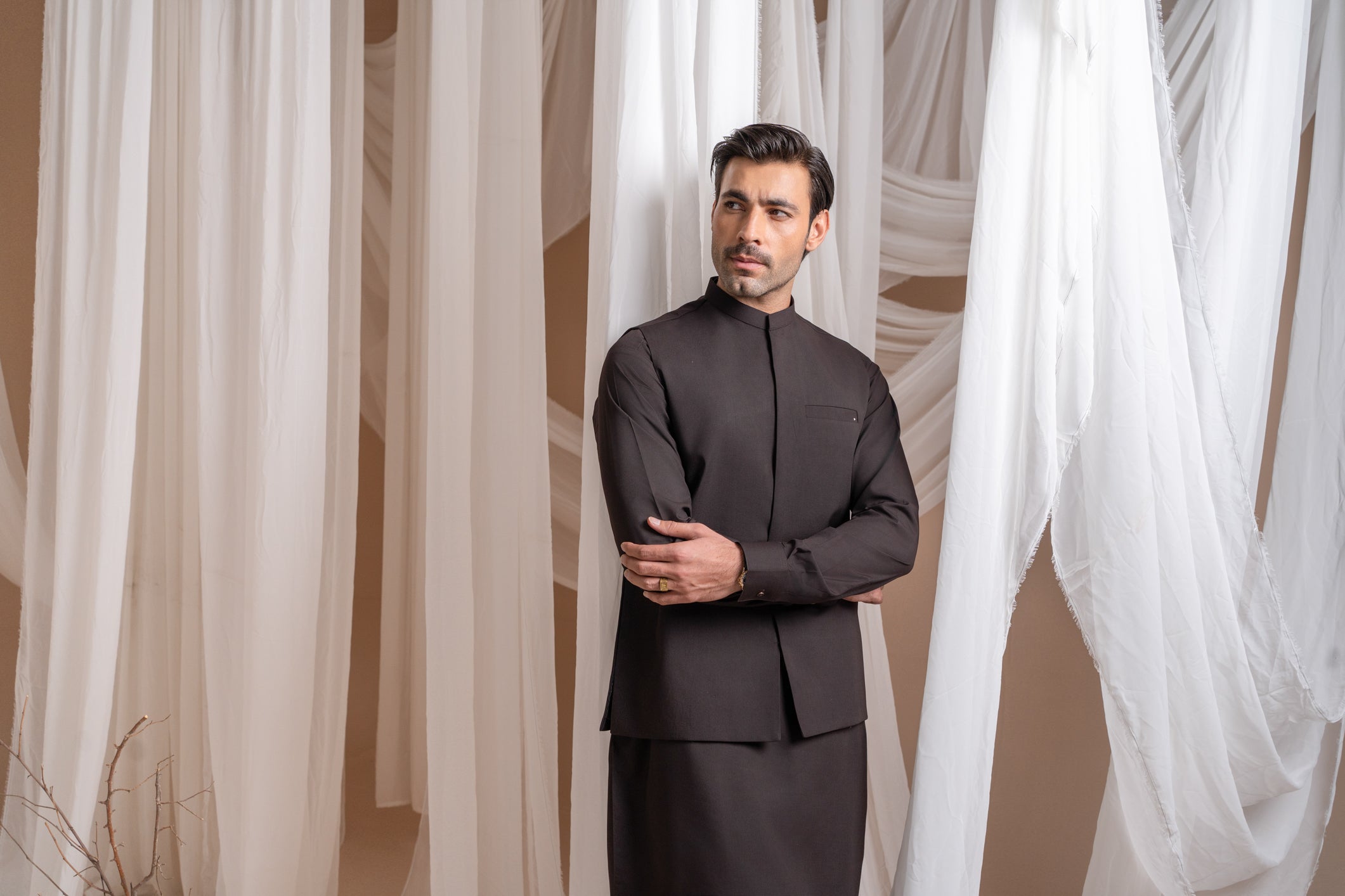 Dark Brown Luxury Blended Waistcoat Kurta (3-Piece) - Image 5
