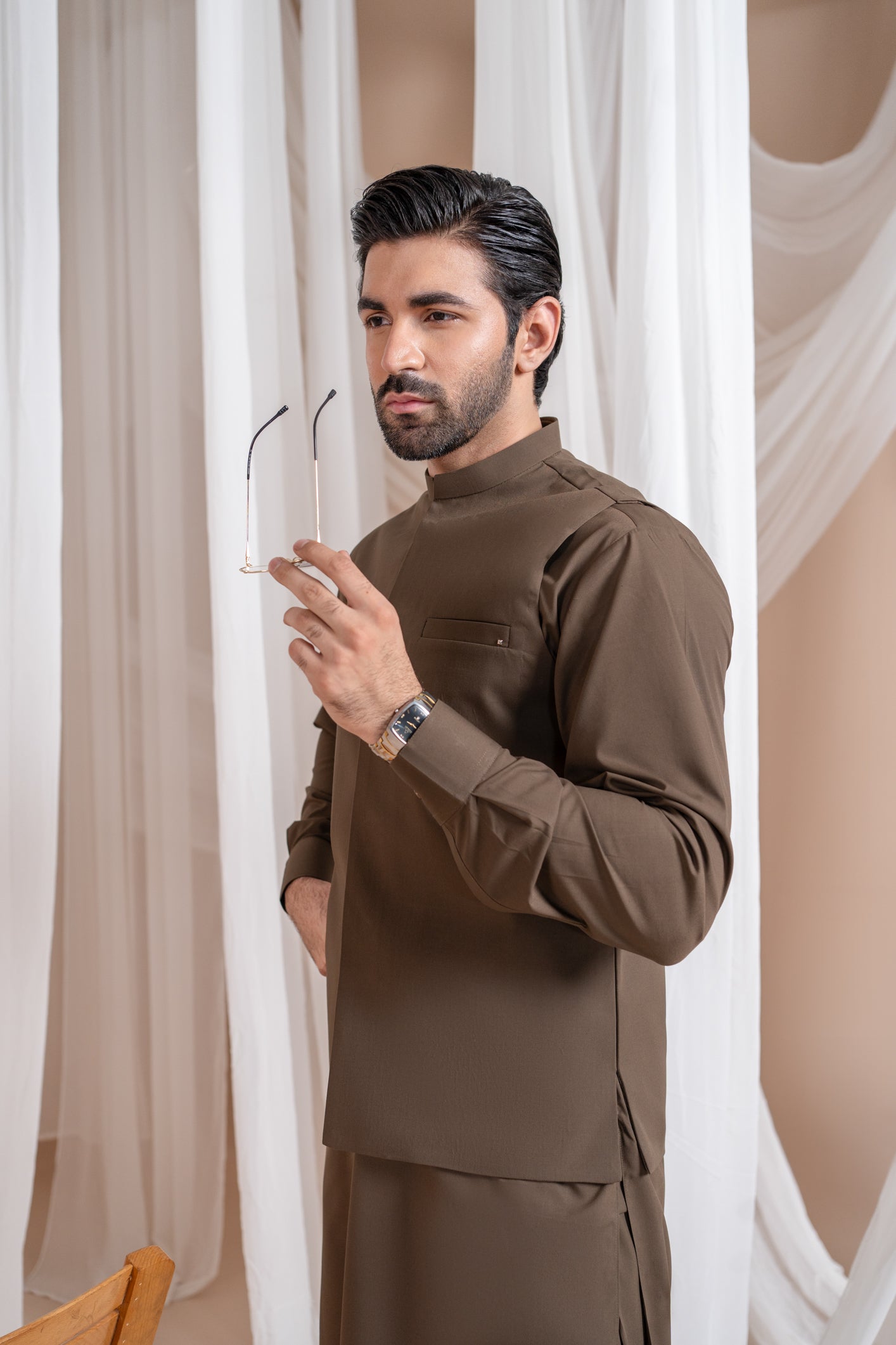 Light Brown Luxury Blended Waistcoat Kurta Set (3-Piece) - Image 4