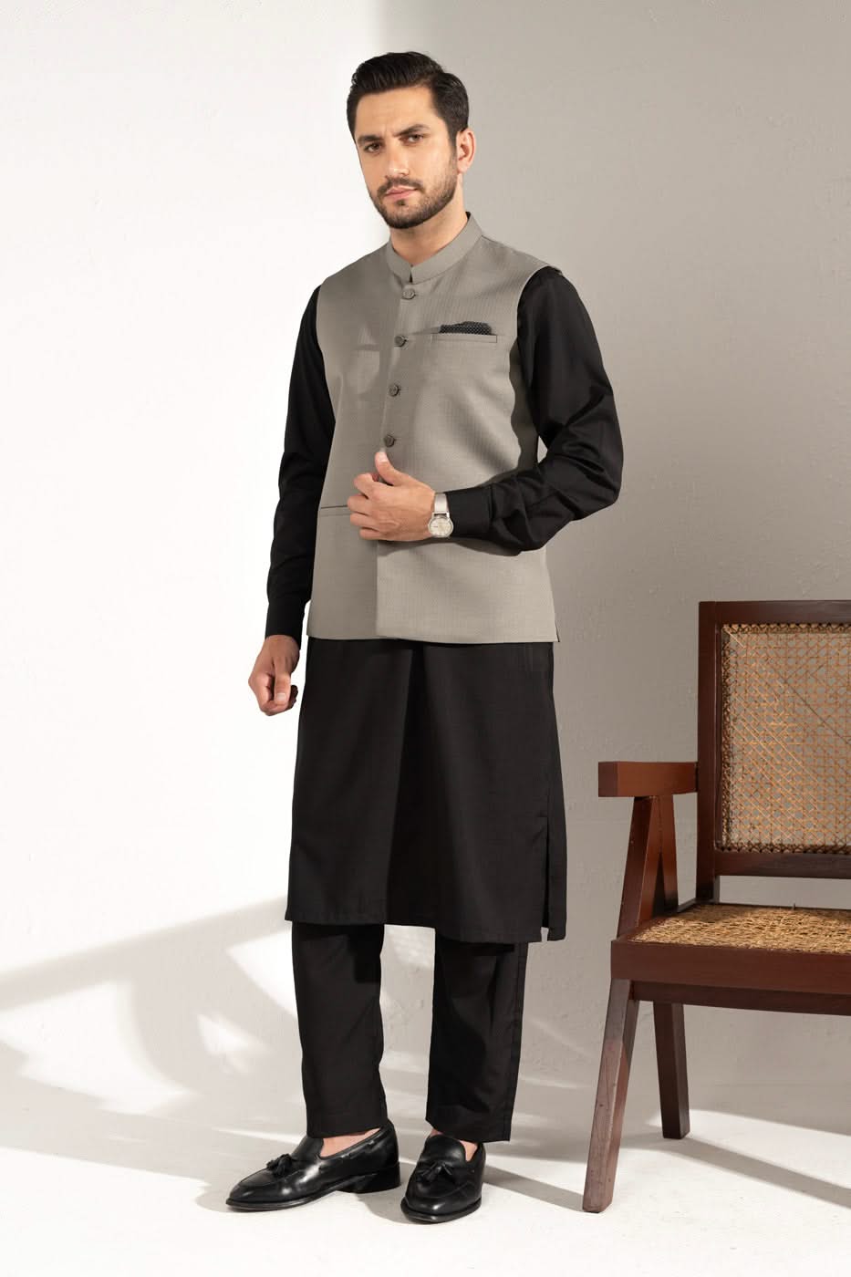 Light Brown Blended Fabric Waistcoat Kurta Set (3-Piece) - Image 1