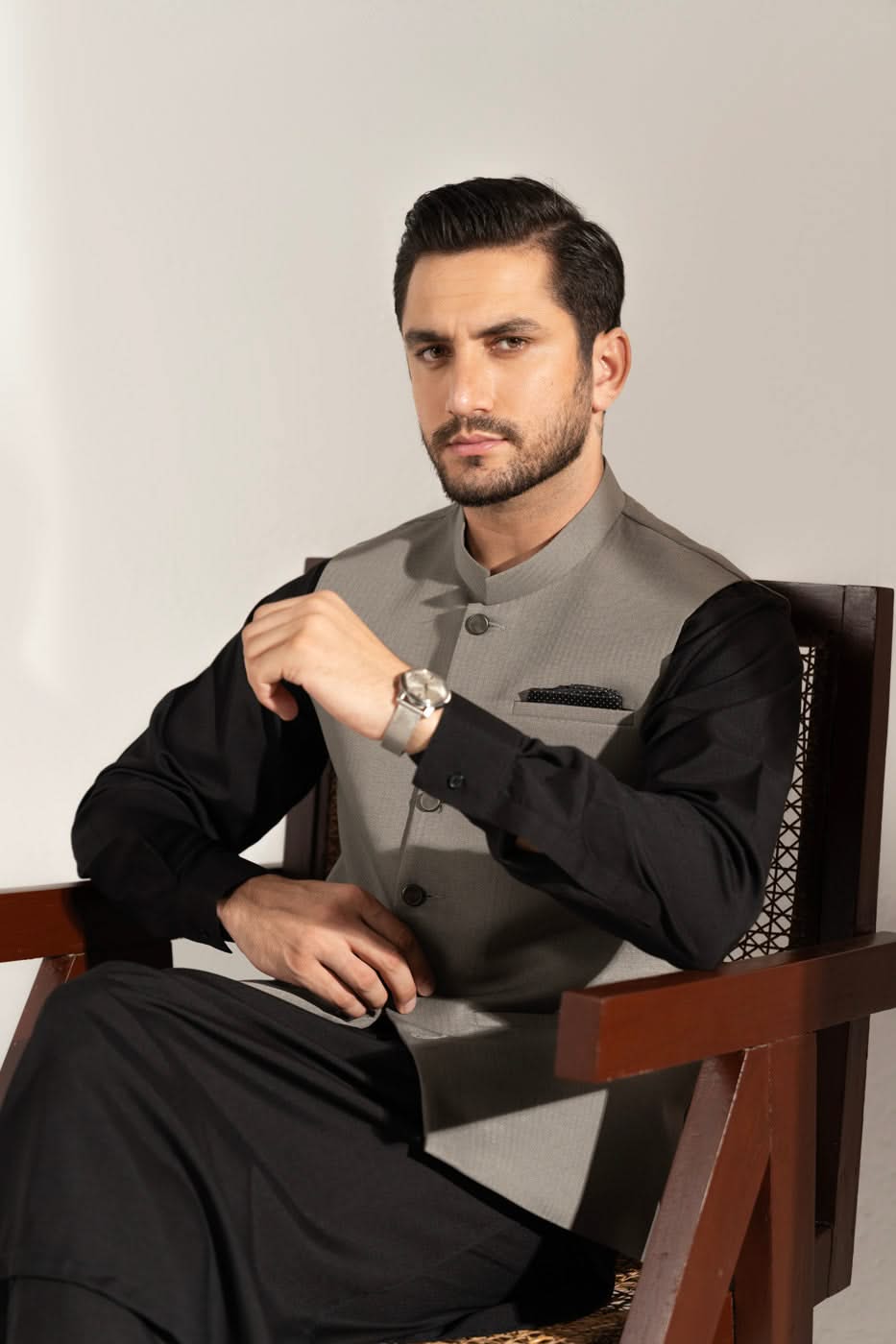 Light Brown Blended Fabric Waistcoat Kurta Set (3-Piece) - Image 2