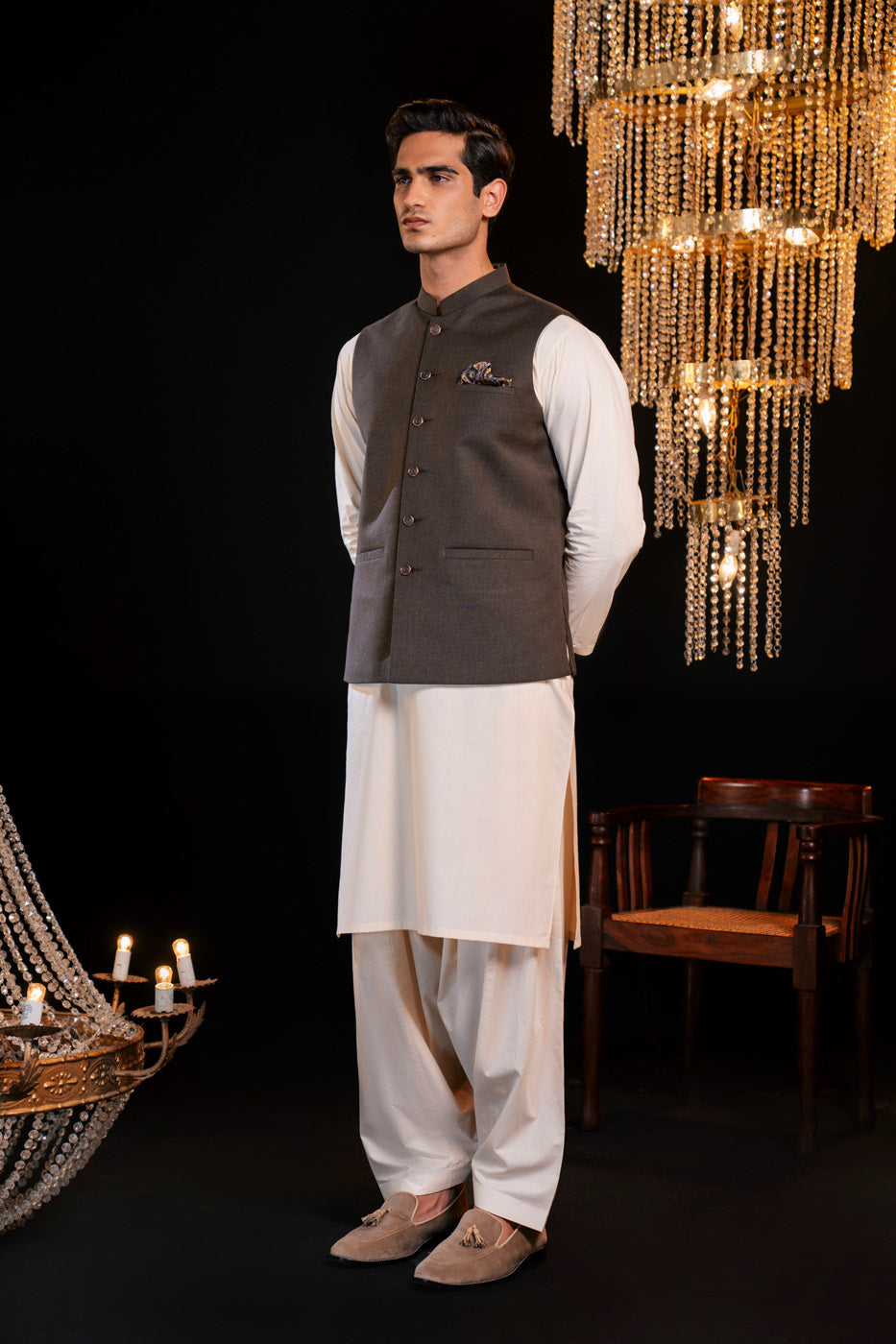 Mehndi Brown Blended Fabric Waistcoat (3-Piece) - Image 1