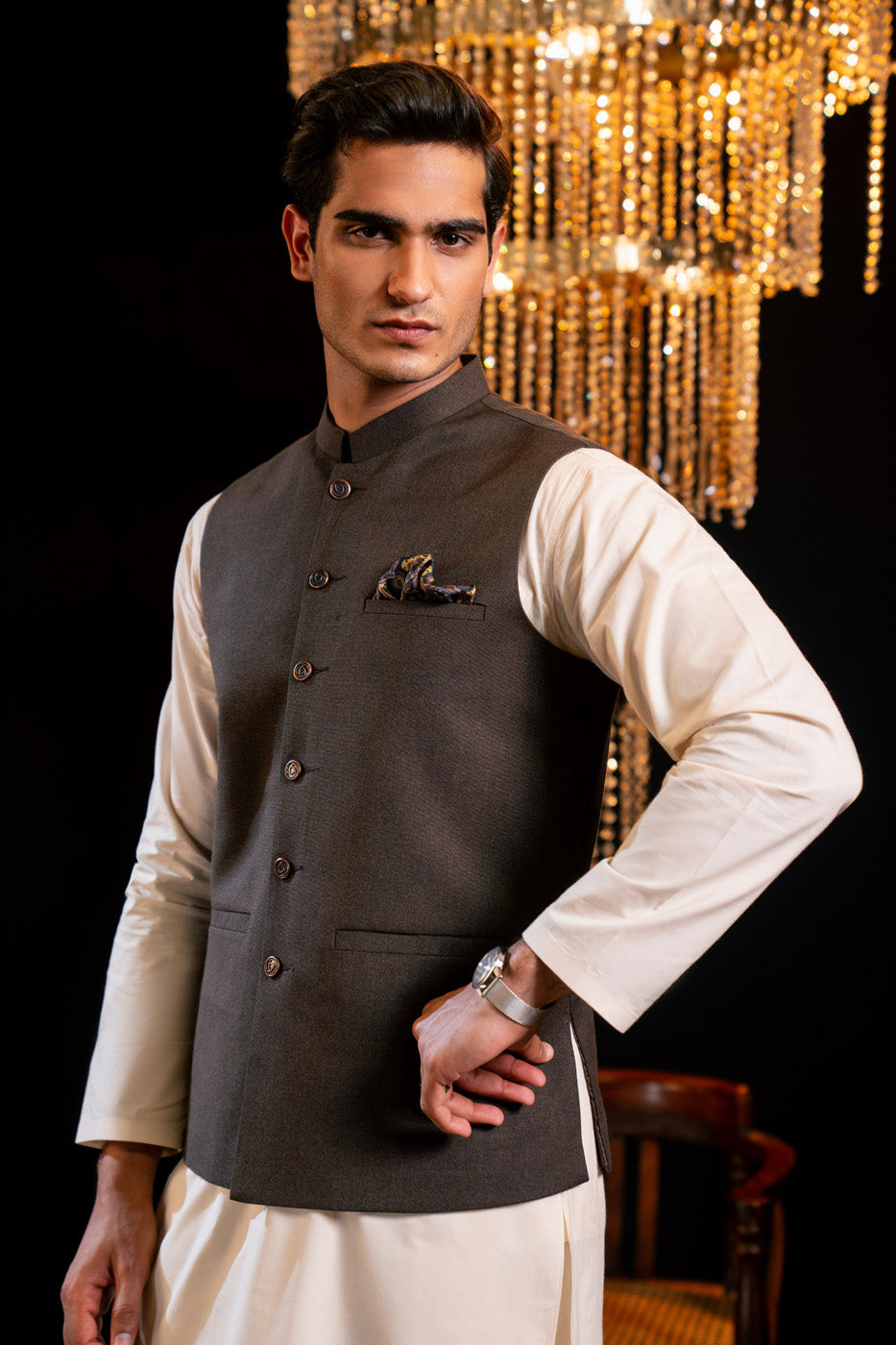 Mehndi Brown Blended Fabric Waistcoat (3-Piece) - Image 2