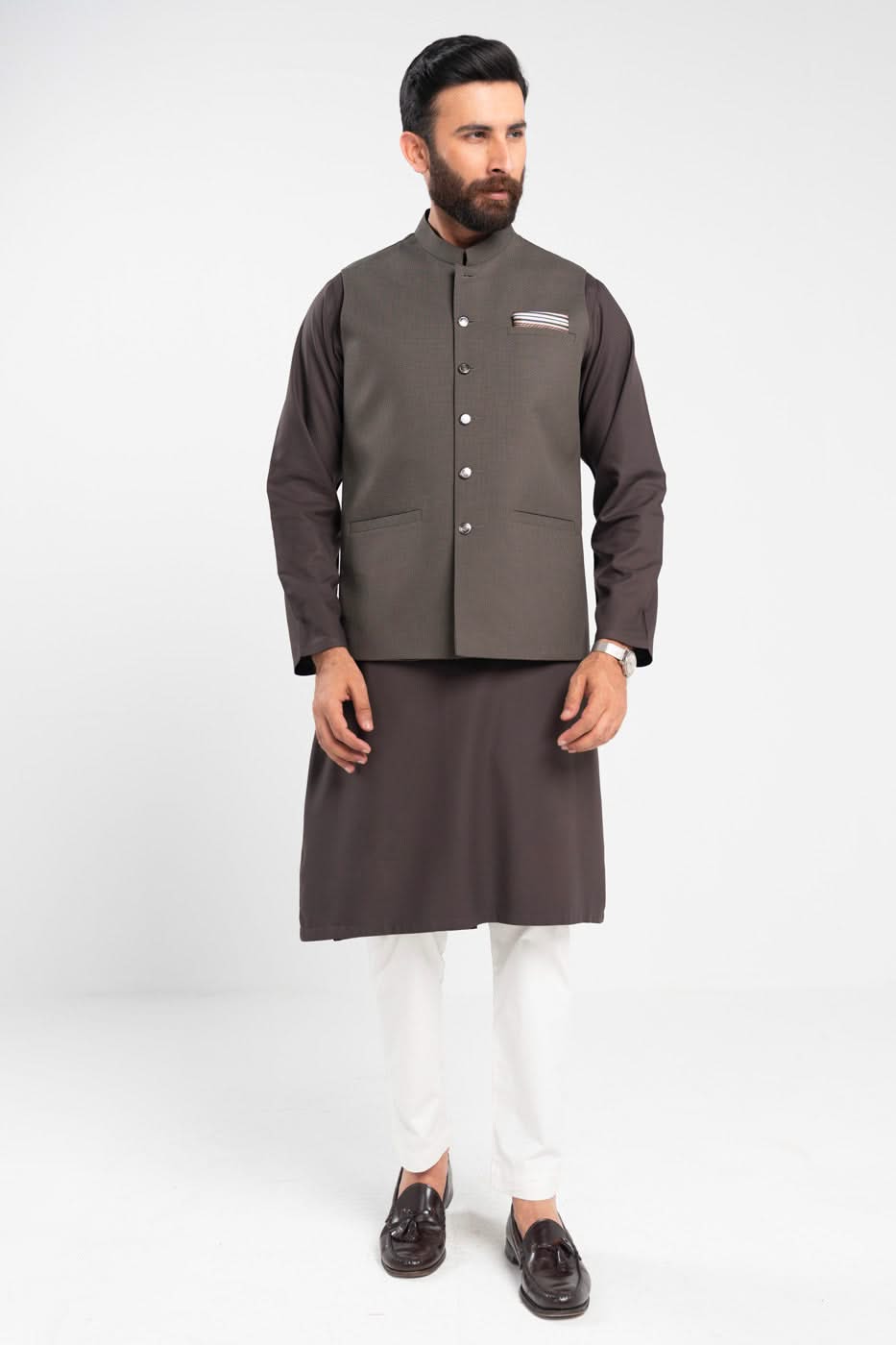 Mehndi Brown Blended Fabric Waistcoat (3-Piece) - Image 4