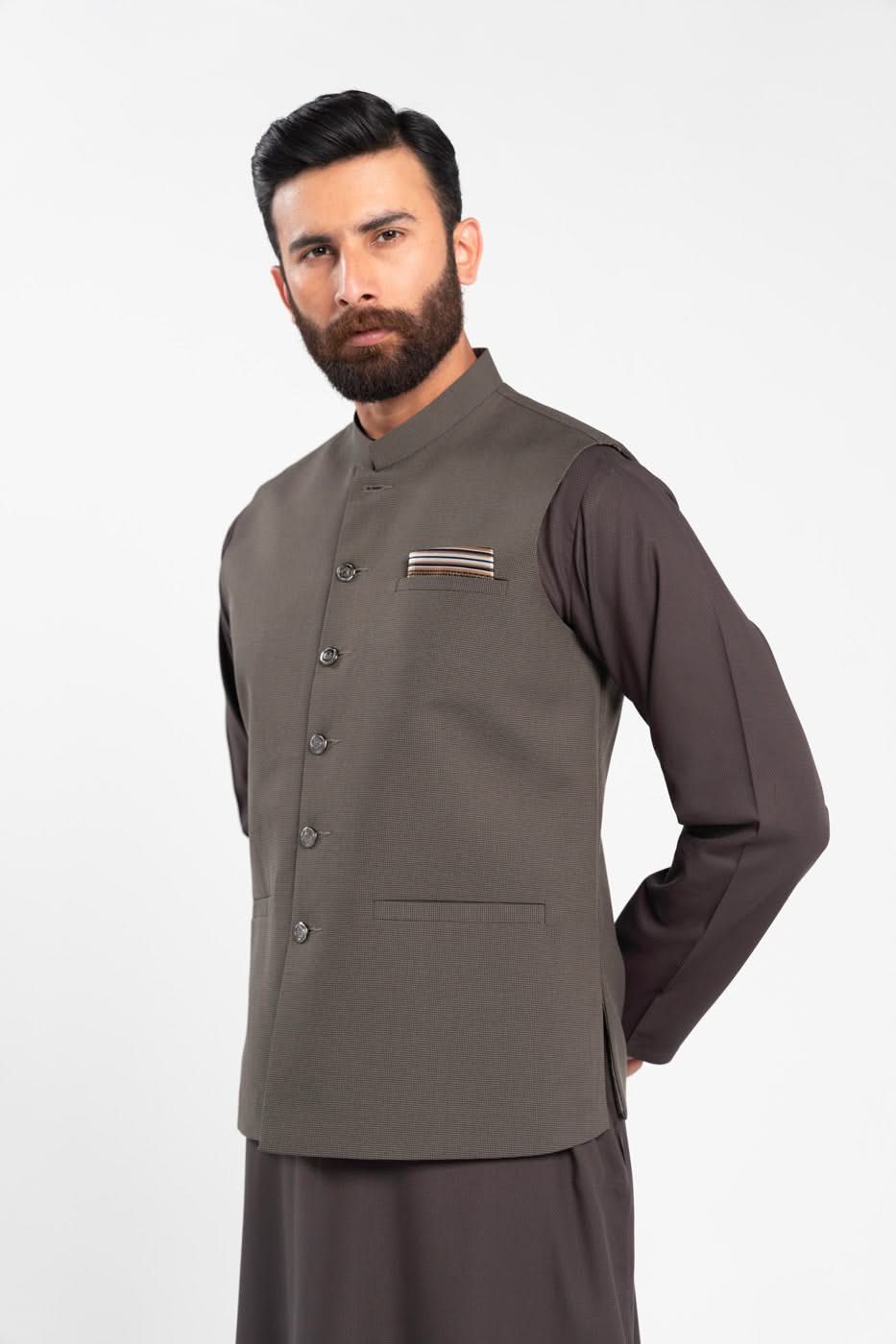 Mehndi Brown Blended Fabric Waistcoat (3-Piece) - Image 5