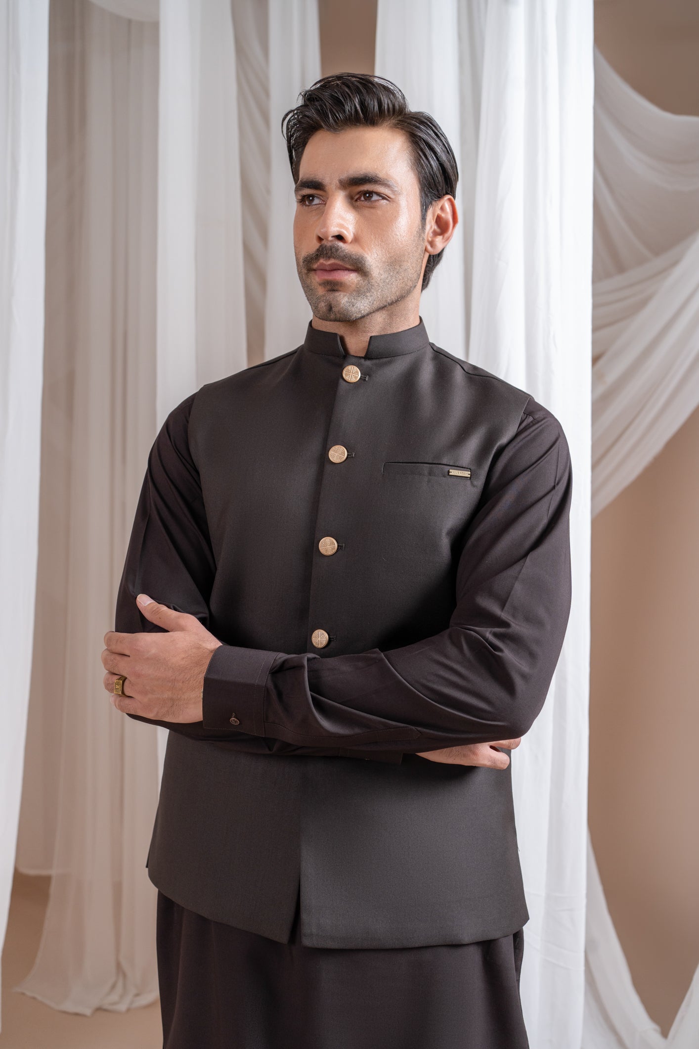 Dark Brown Blended Waistcoat Kurta 3-Piece - Image 2