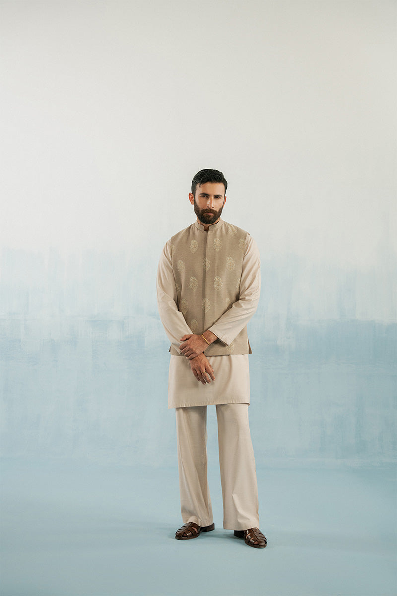 Brown Block-Printed Cotton Blend Waistcoat Kurta (3-Piece) - Image 1